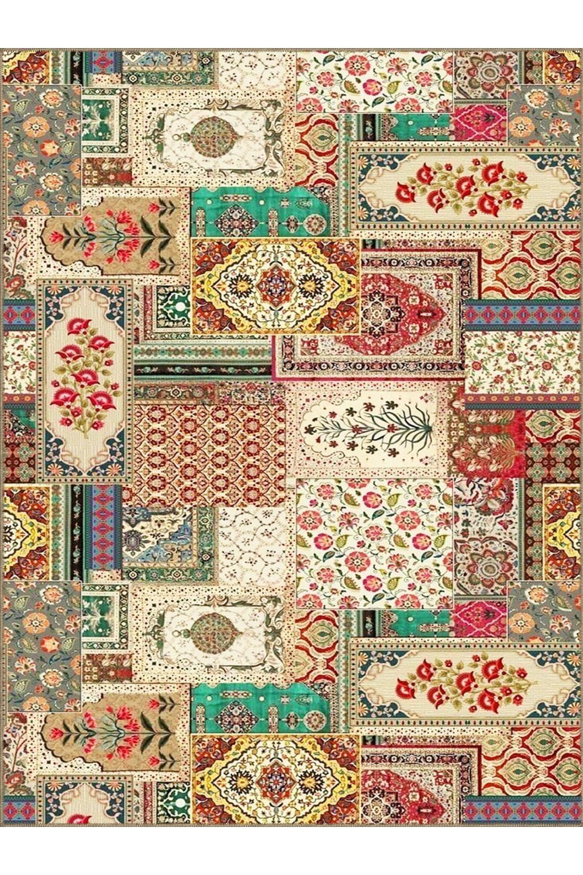Kuvars Koleksiyonu Çok Renkli Etnik Motifler Desenli Dokuma Taban Vintage Dekoratif Halı kuvars09