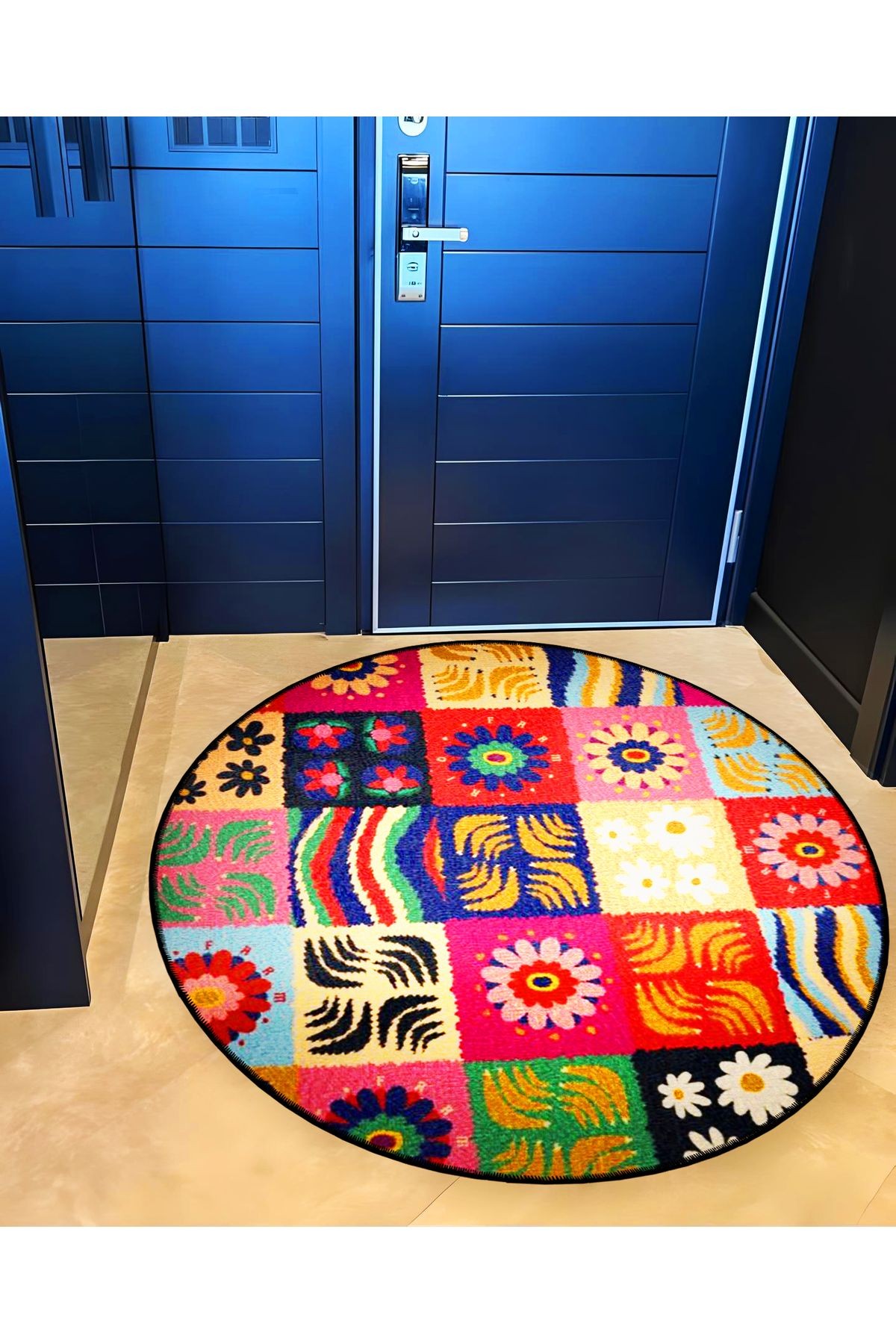 Mira Yuvarlak Çok Renkli Patchwork Desenli Dokuma Taban Dekoratif Halı 5727