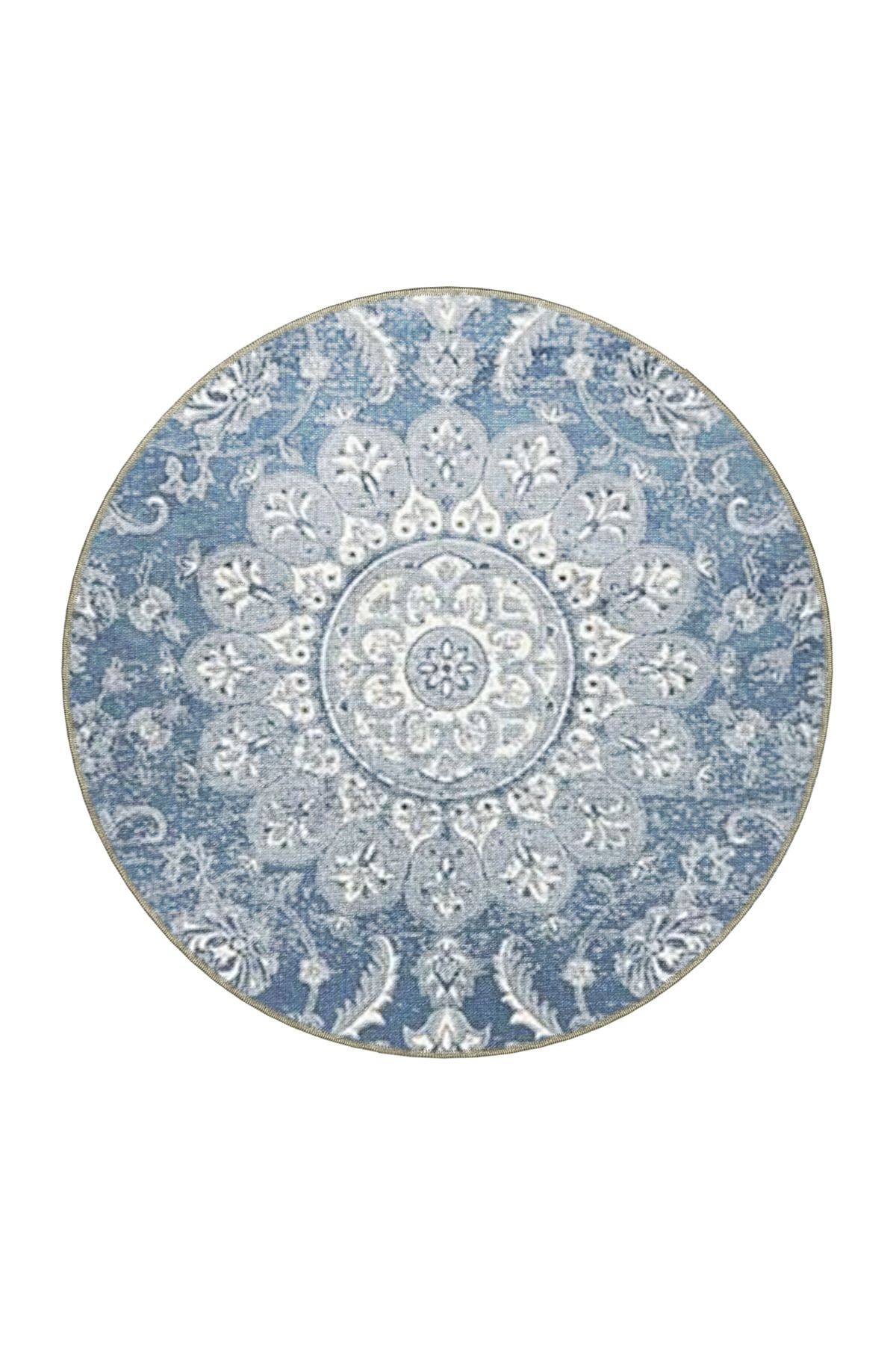 Açık Mavi Gri Temalı Geleneksel Motif Etnik Çiçek Desenli Vintage Dekoratif Halı 4548