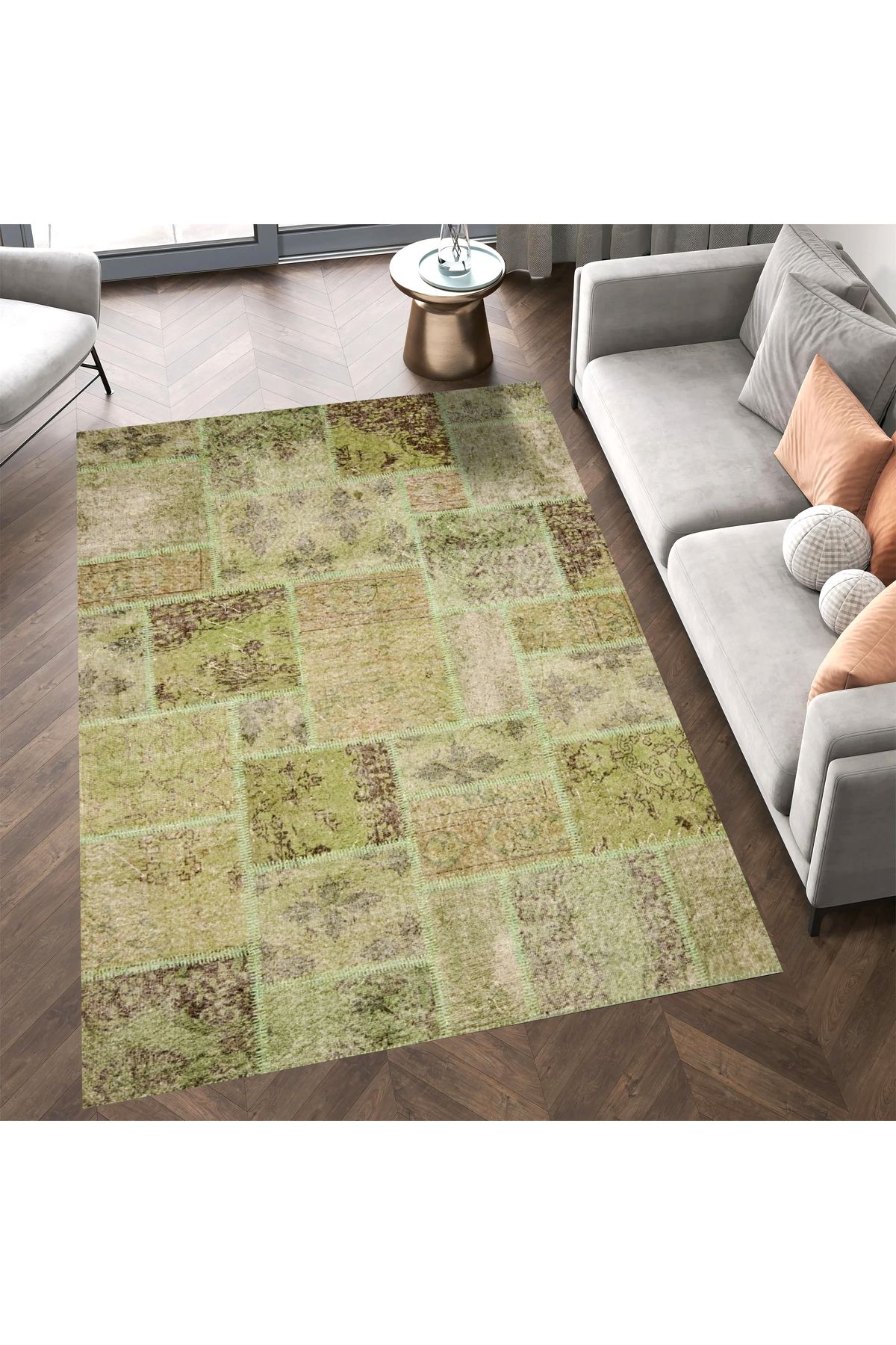 Cansu Koleksiyonu Eskitme Patchwork Görünümlü Yeşil Tonlarda Dokuma Taban Dekoratif Halı cansu09
