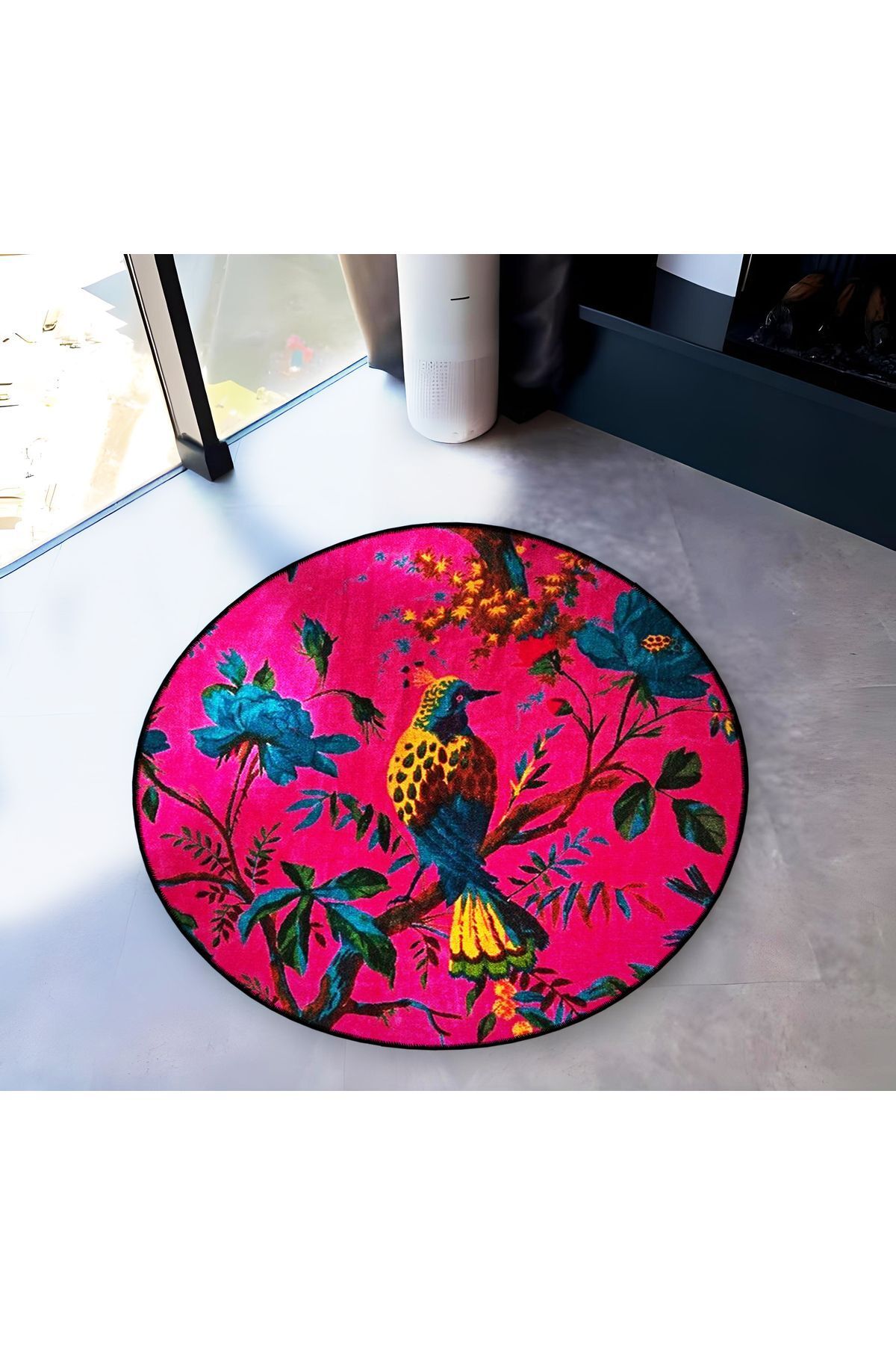 Mira Yuvarlak Koyu Pembe Kuş ve Çiçek Detaylı Dokuma Taban Modern Dekoratif Halı 5695