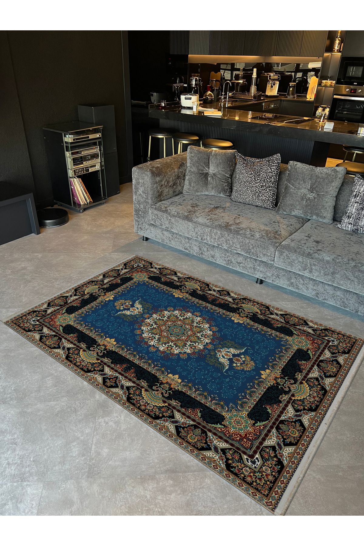 Bej Yeşil Bordür Detaylı Lacivert Desenli Etnik Serisi Modern Dekoratif Halı etnik08