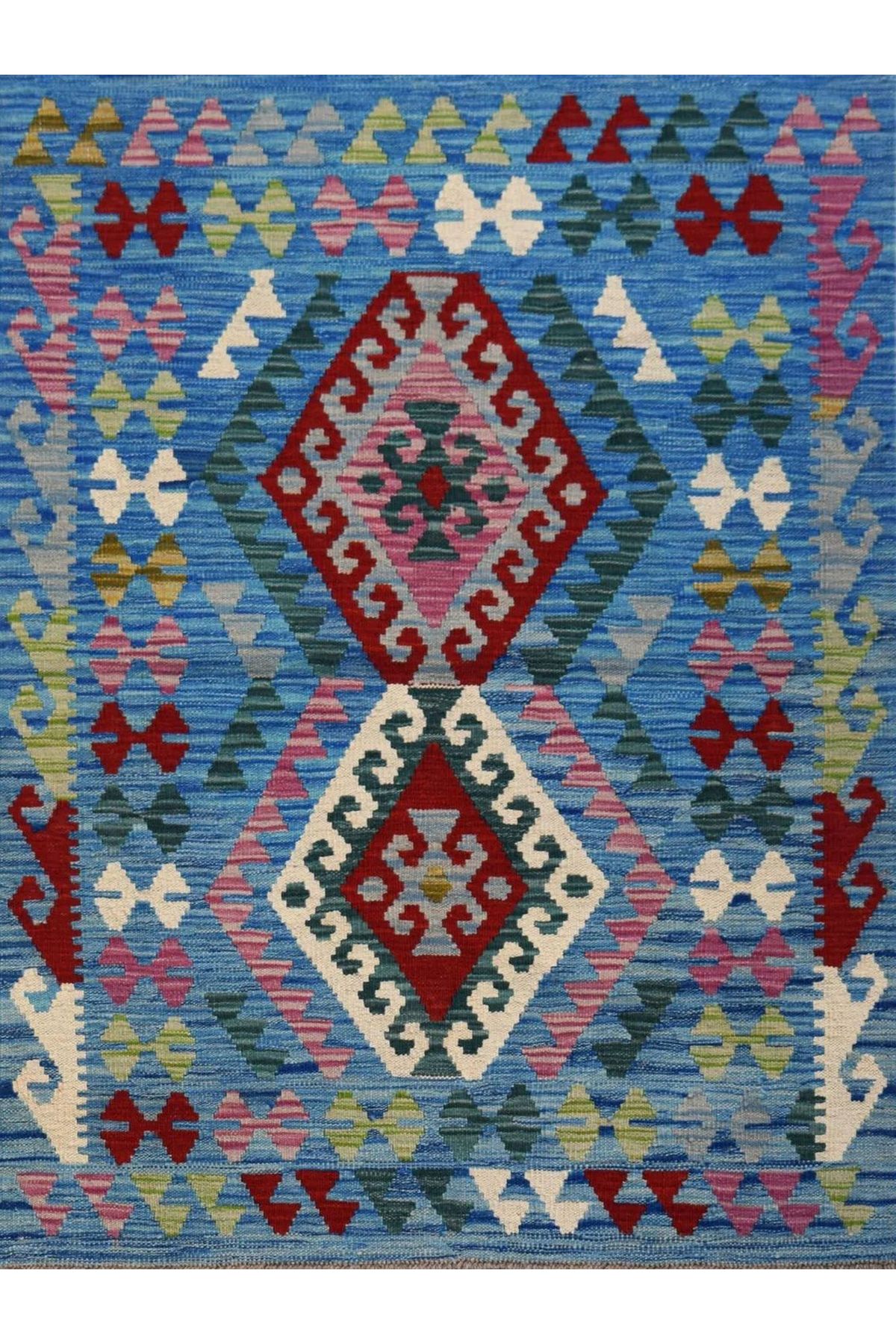 Asena Koleksiyonu Mavi Temalı Geometrik Şekiller Desenli Vintage Dekoratif Halı 09