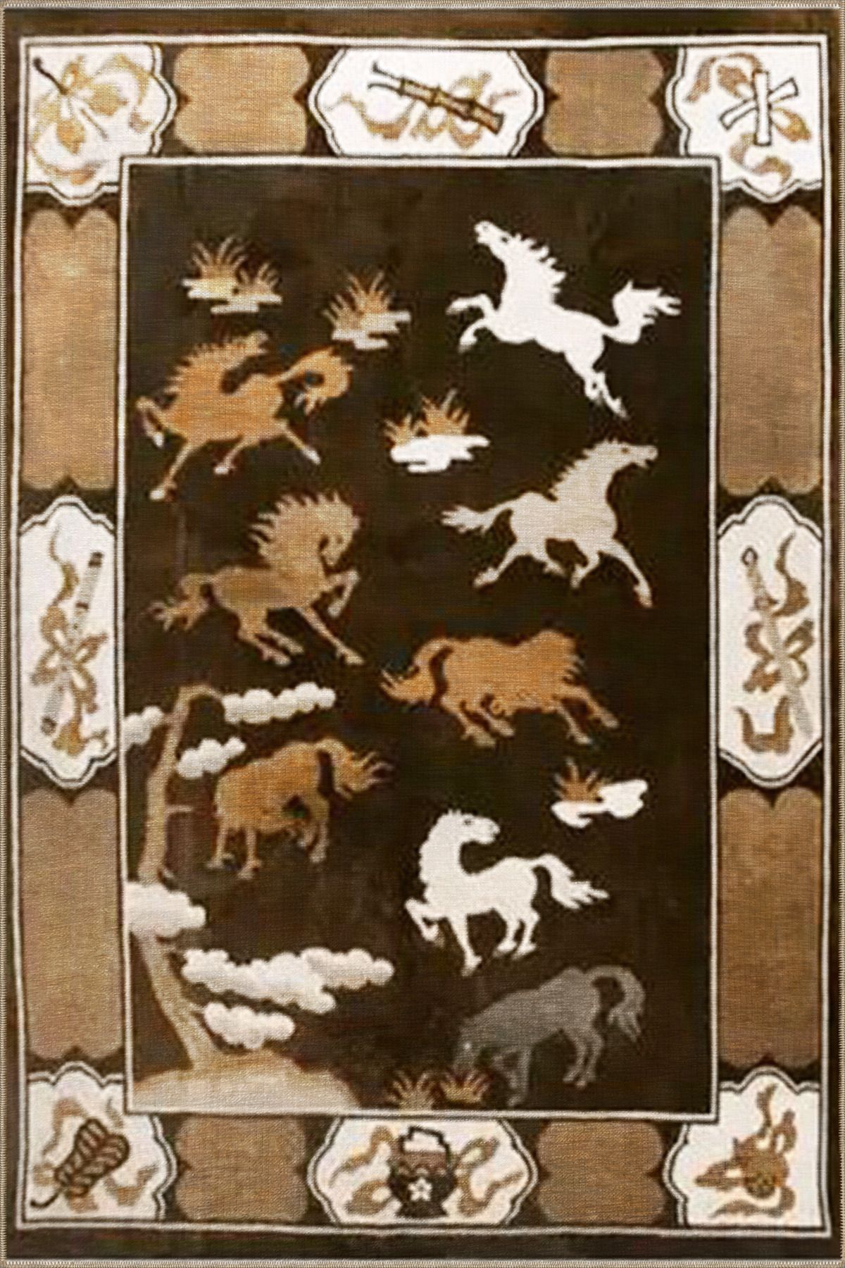 Kahverengi Temalı Asil At Desenli Vintage Dekoratif Halı 3461