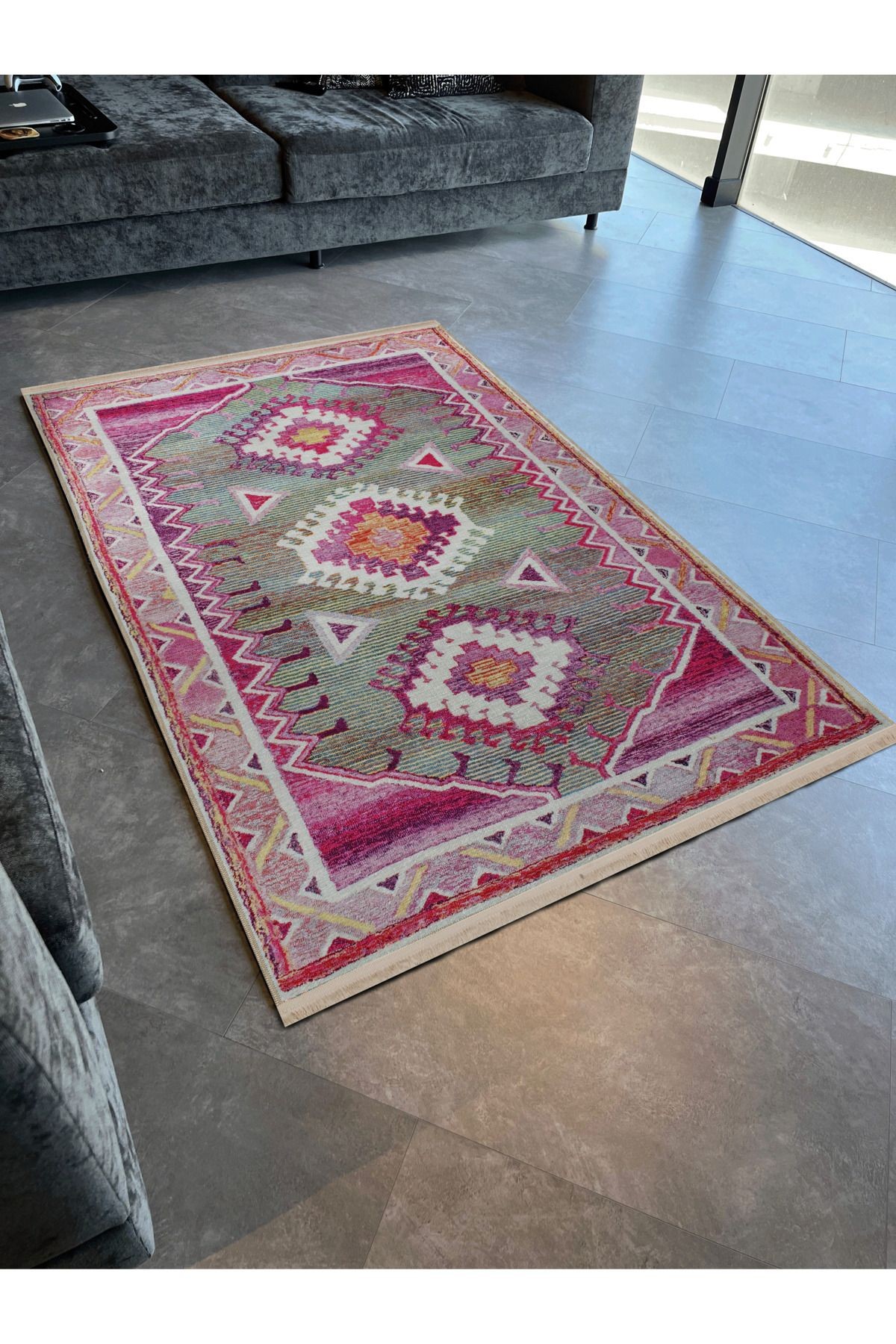 Gri Pembe Temalı Hasır Tasarım Geleneksel Motif Desenli Vintage Dekoratif Halı 2659