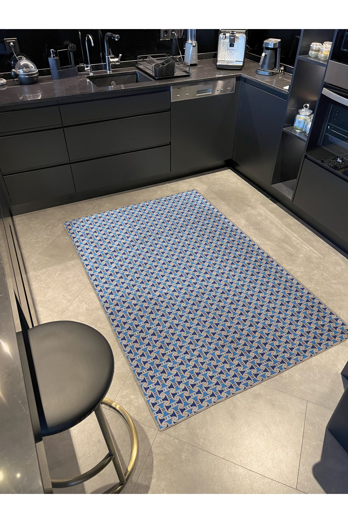 Mavi Temalı Karma Geometrik Desenli Kreatif Modern Dekoratif Halı 3351