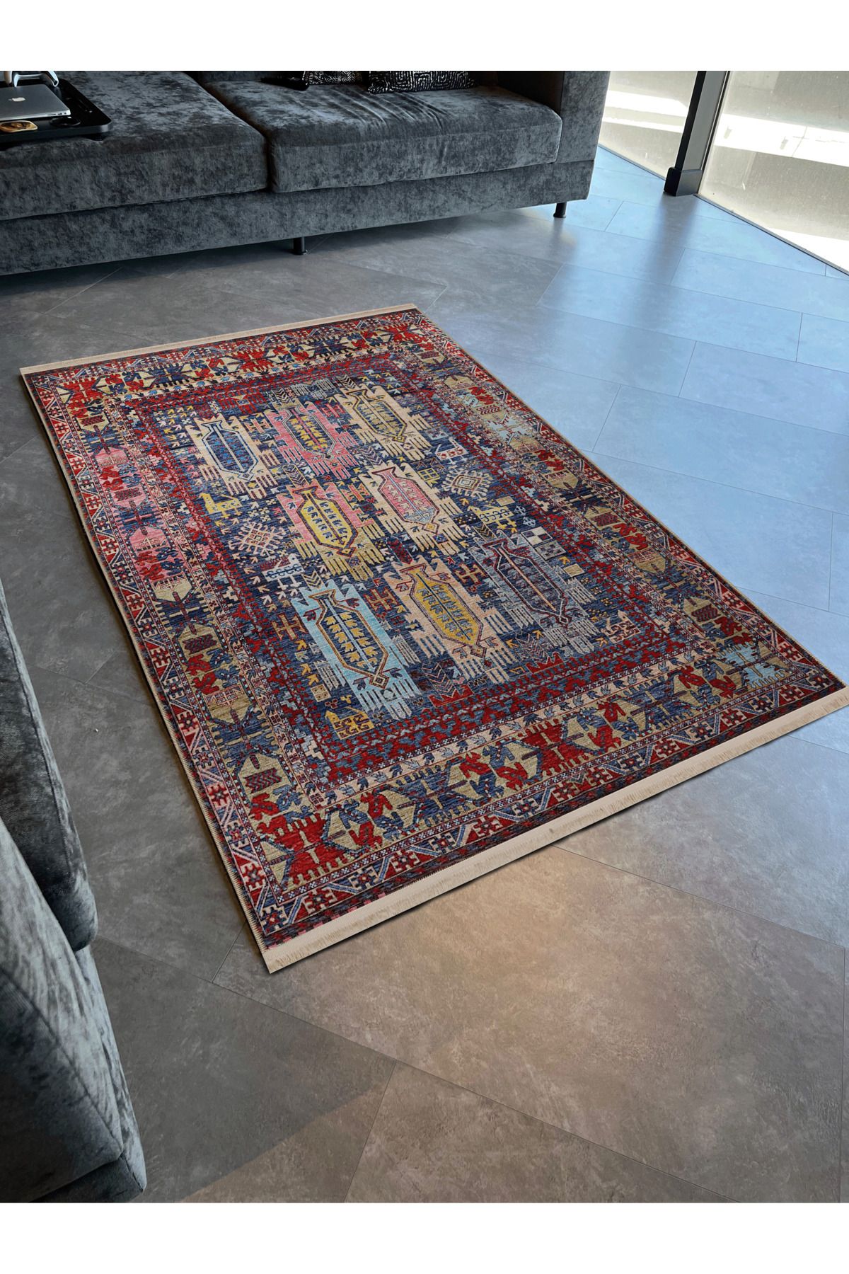 Bordo Temalı Çok Renkli Geleneksel Motif Etnik Desenli Vintage Dekoratif Halı 2629