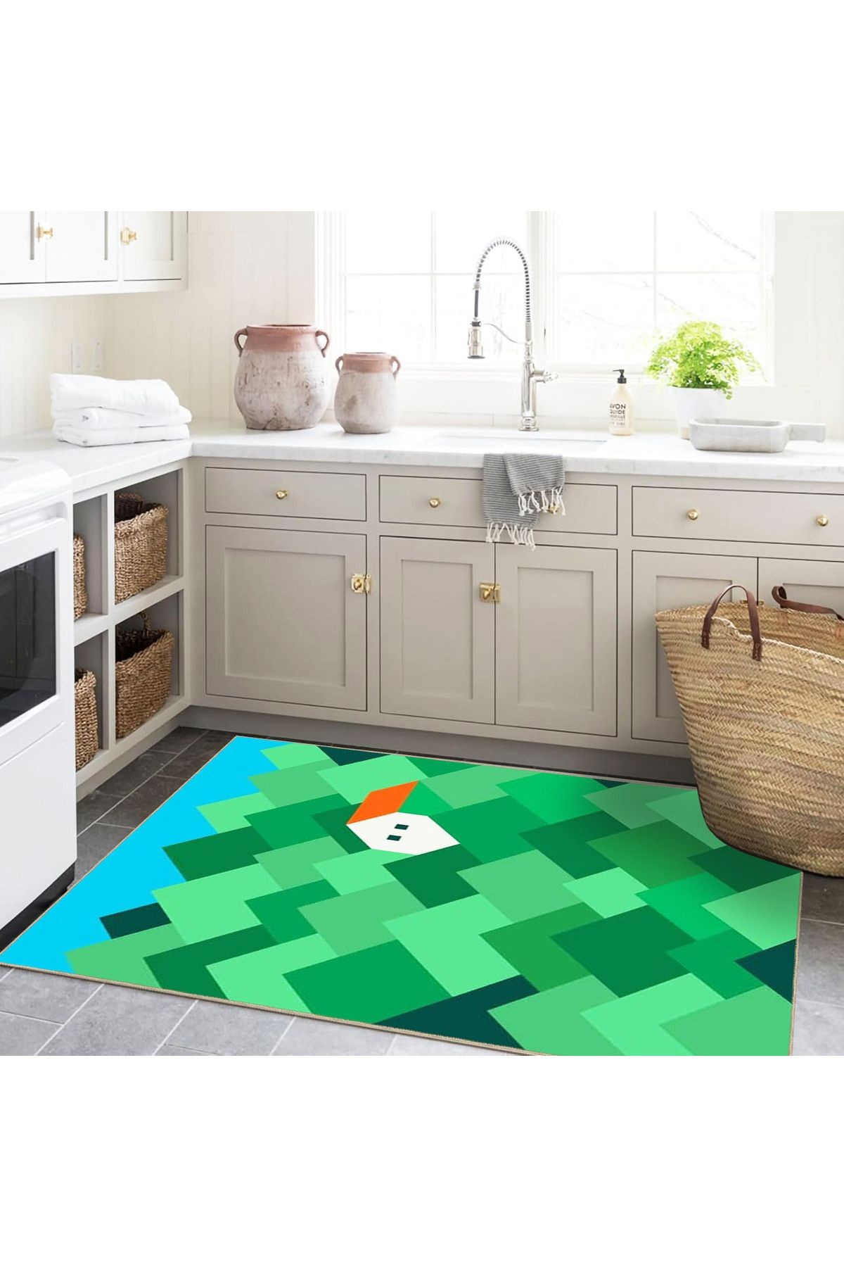 Emre Koleksiyonu Yeşil Temalı Geometrik Detaylar ve Ev Desenli Dokuma Taban Modern Dekoratif Halı 31
