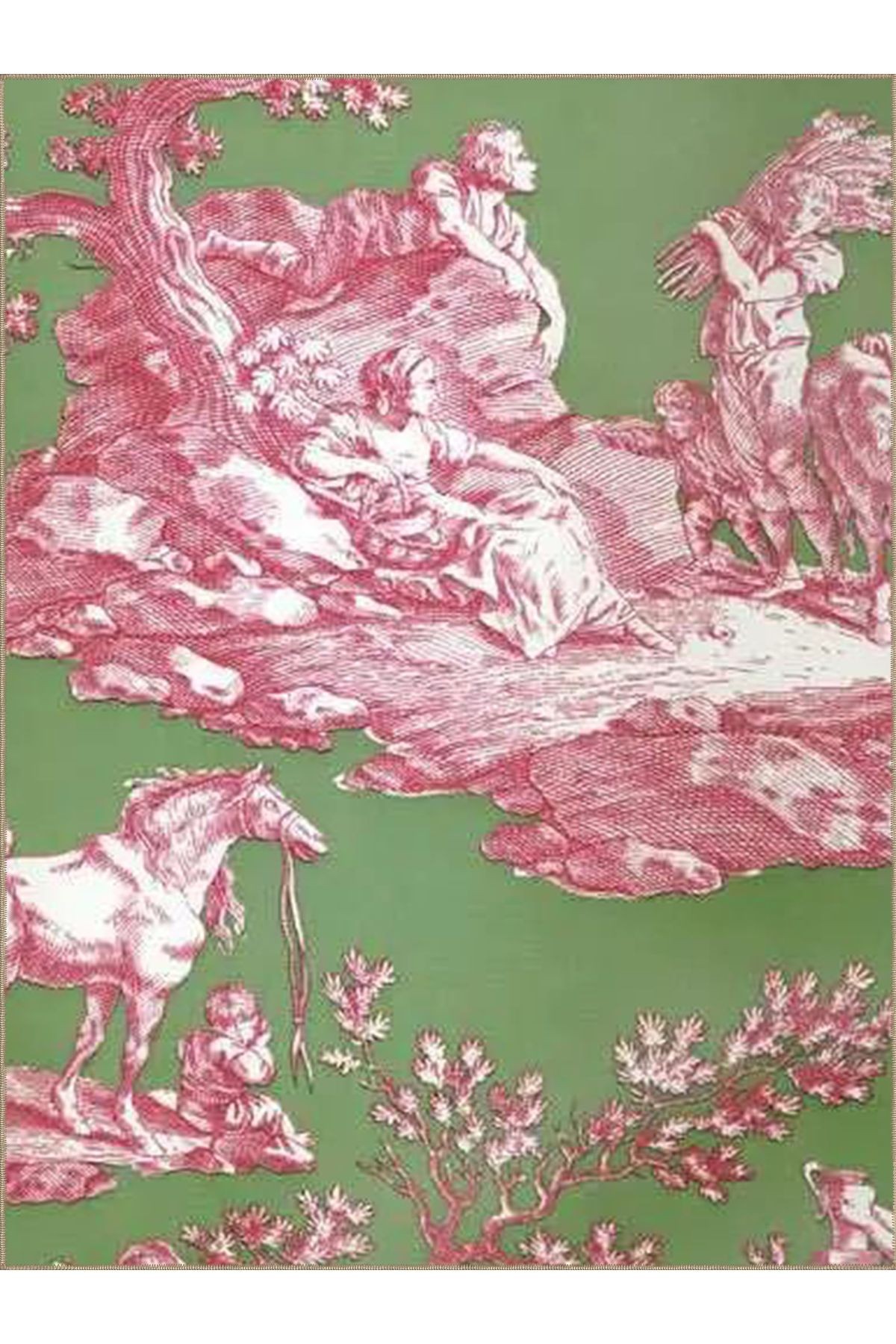 Tuğrul Koleksiyonu Yeşil Tema Pembe At ve İnsan Figürü Desenli Dokuma Taban Modern Dekoratif Halı 22