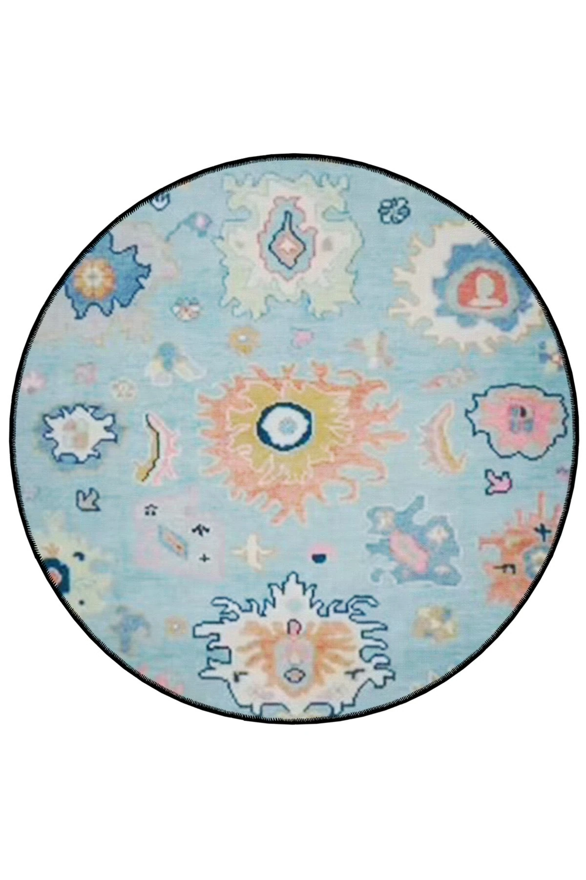 Mavi Tema Etnik Motif Desenli Yuvarlak Dokuma Taban Vintage Dekoratif Halı 6123