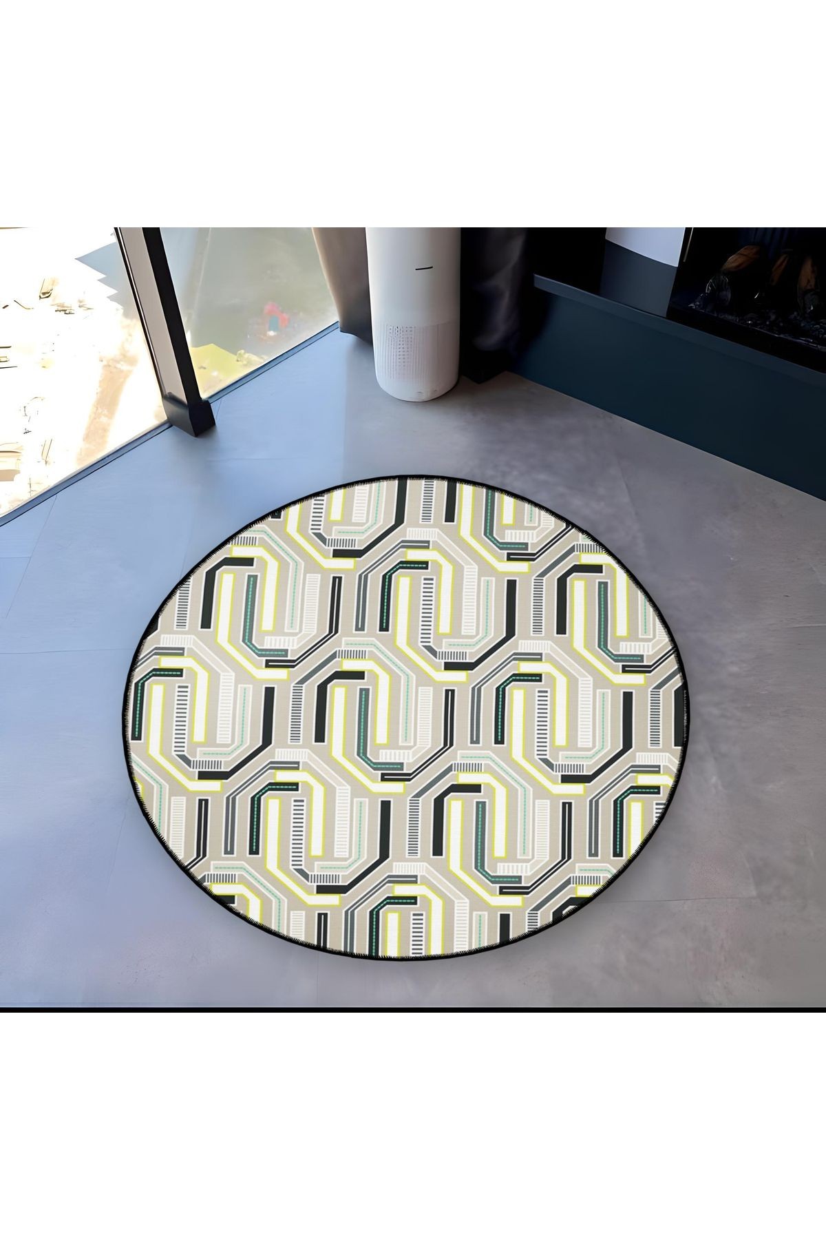 Açık Ton Geometrik Desenli Yuvarlak Dokuma Taban Modern Dekoratif Halı 6082