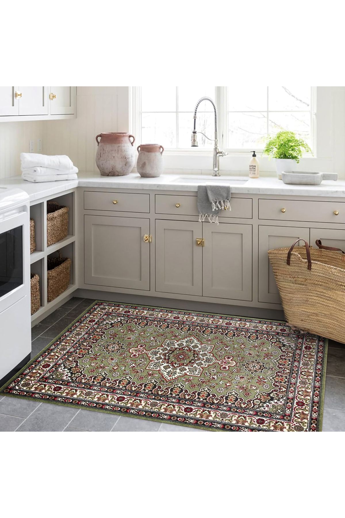 Kuzey Koleksiyonu Yeşil Etnik Desenli Dokuma Taban Dekoratif Halı kuzey04