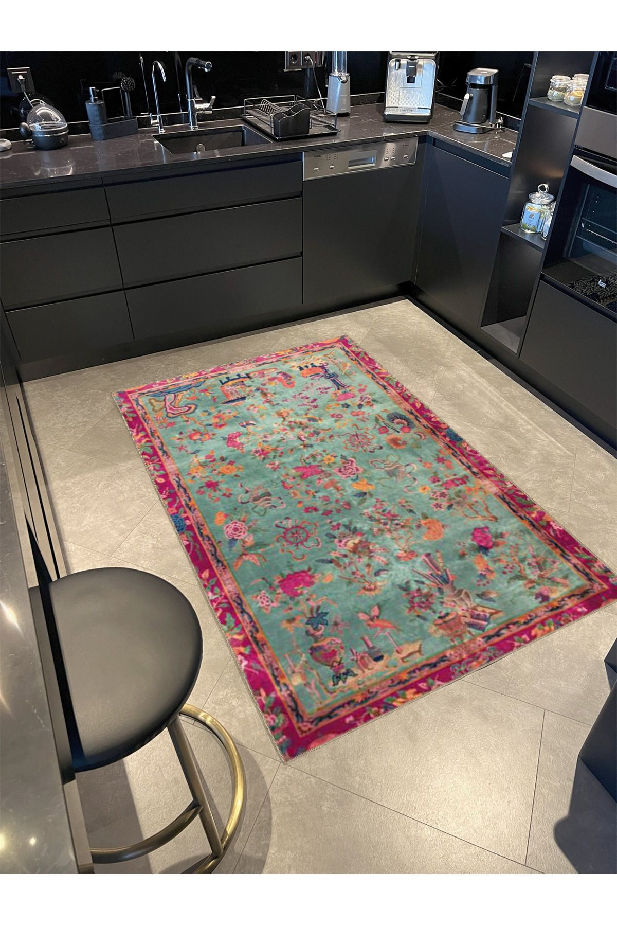 Mavi Pembe Temalı Floral Çiçek Desenli Vintage Dekoratif Halı 4844