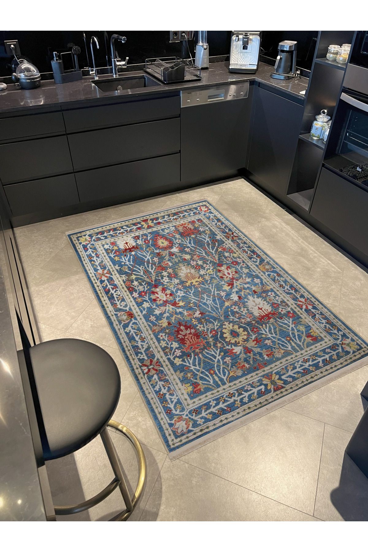 Mavi Temalı Geleneksel Motif Etnik Çiçek Desenli Kreatif Vintage Dekoratif Halı 2793