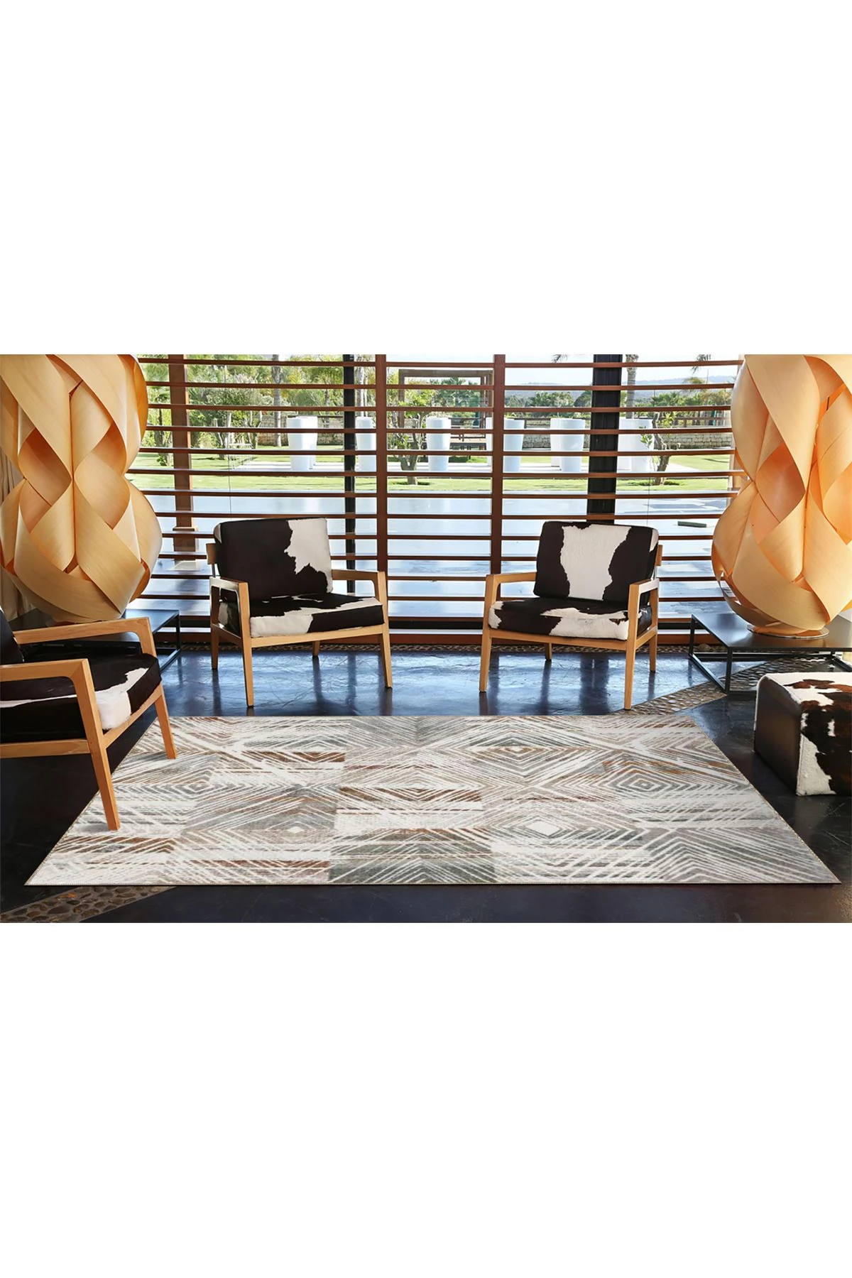 Krem Geometrik Geleneneksel Dokuma Taban Yıkanabilir Halı miravip9147