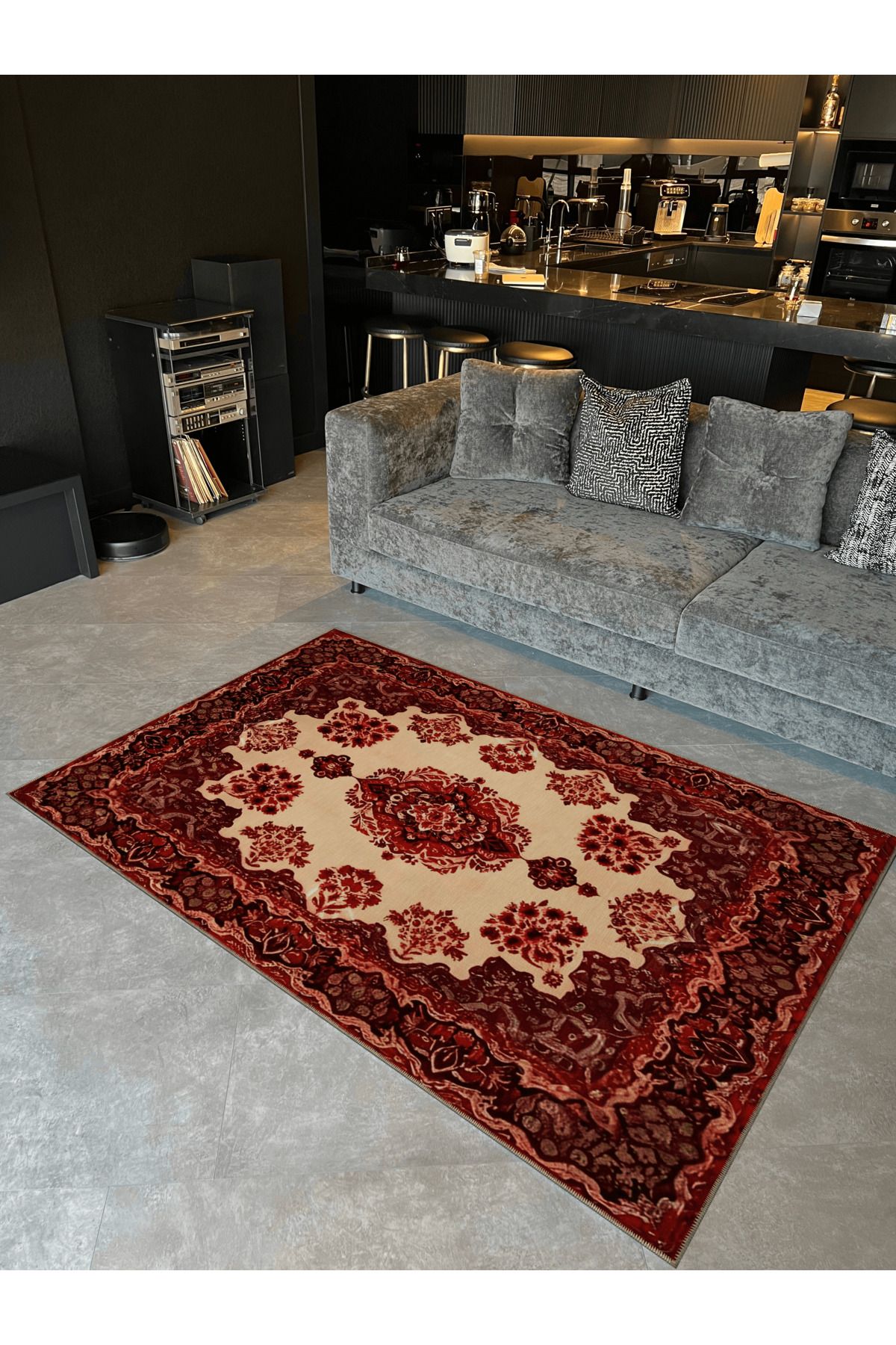 Bordo Temalı Geleneksel Motif Çiçek Desenli Vintage Dekoratif Halı 5126