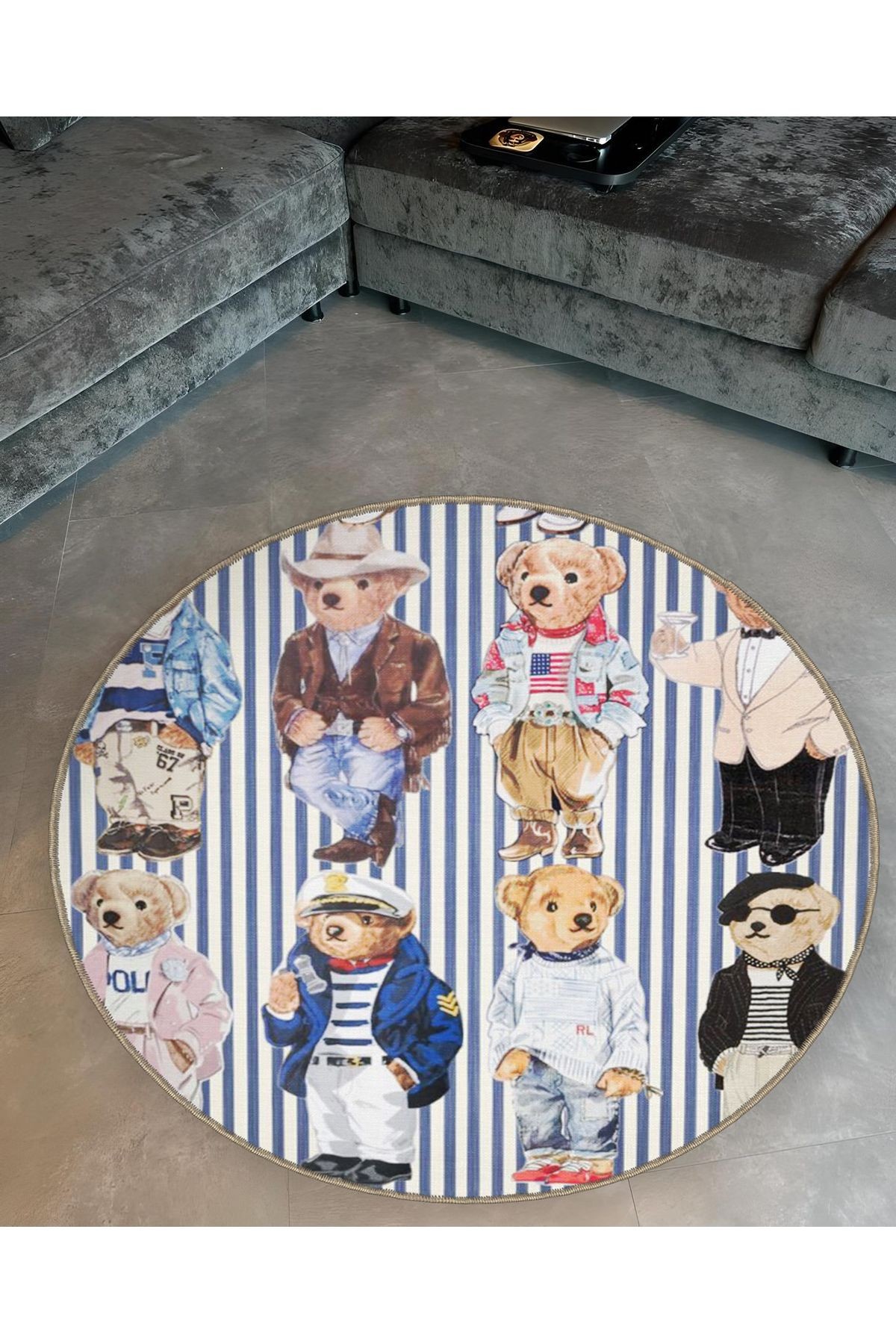 Mira Yuvarlak Mavi Ton Çizgiler ve Teddy Bear Ayıcık Figürler Desenli Modern Dekoratif Halı 4948