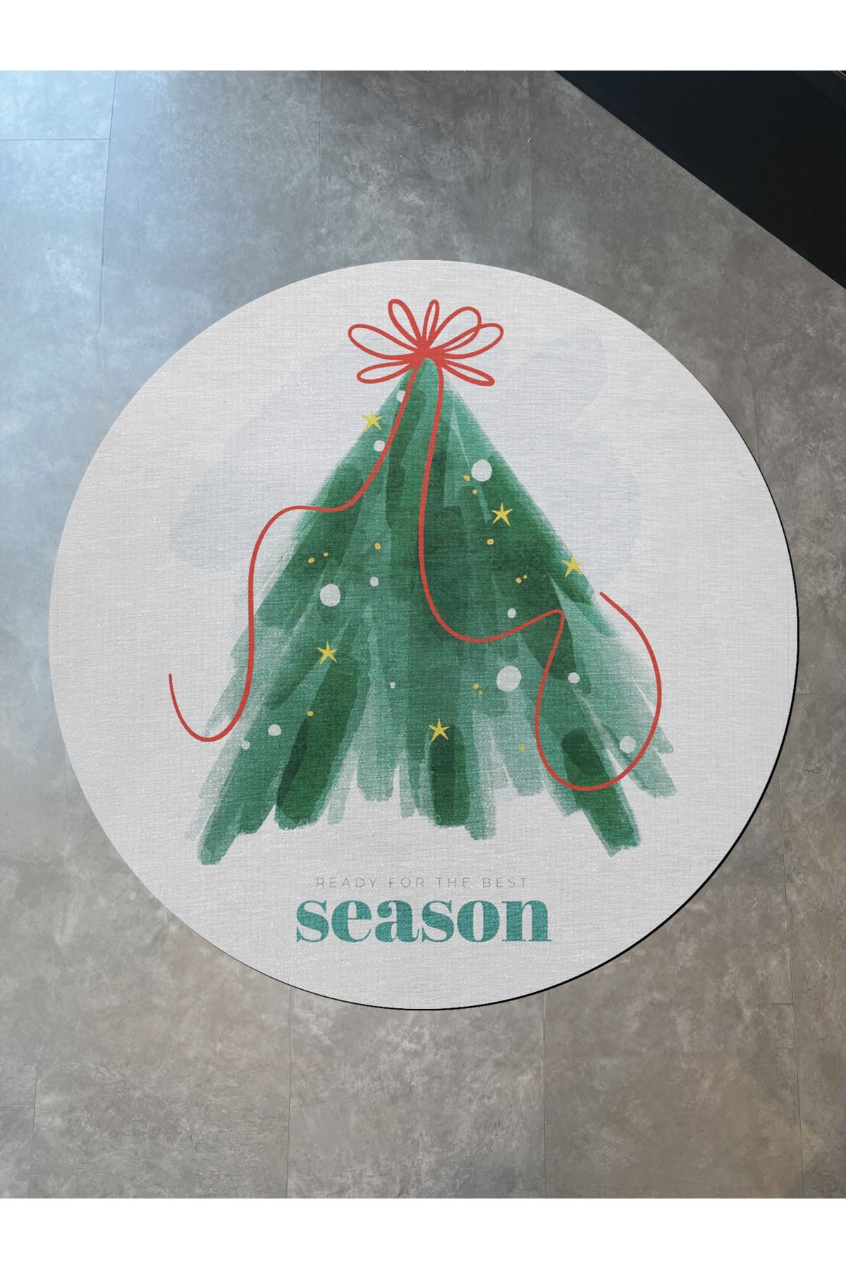 Yeşil Bej Yılbaşı Temalı Season Yazılı Ağaç Desenli Modern Dokuma Taban Yuvarlak Dekoratif Halı 2253