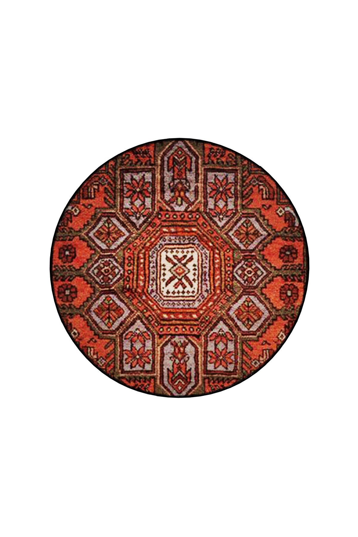 Turuncu Tema Geleneksel Motif Desenli Yuvarlak Dokuma Taban Vintage Dekoratif Halı 6227