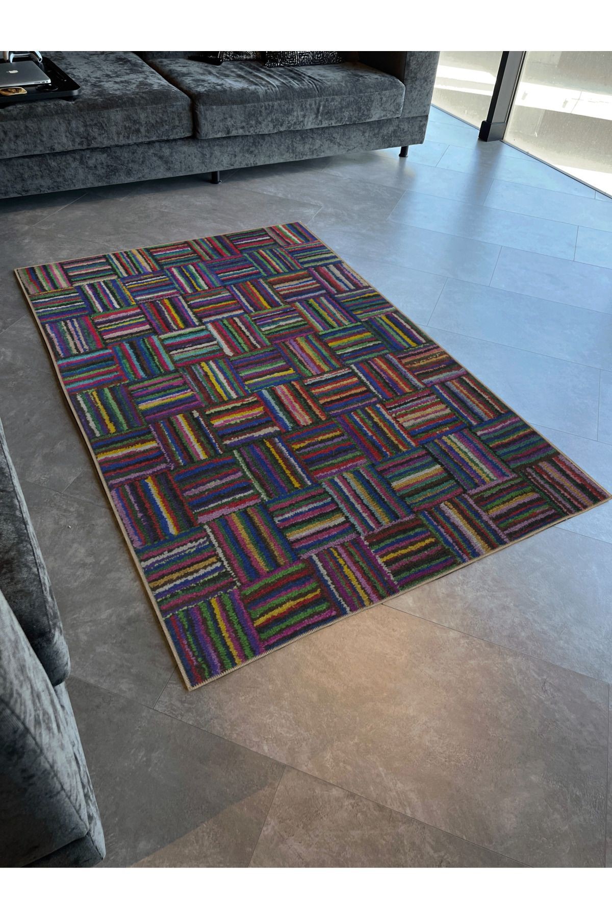 Çok Renkli Örgü Tasarım Kare Geometrik Desenli Kreatif Modern Dekoratif Halı 3023