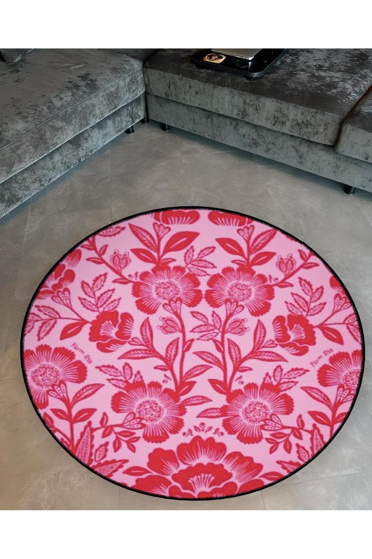 Pembe Temalı Çiçek Desenli Yuvarlak Dokuma Taban Modern Dekoratif Halı 6113