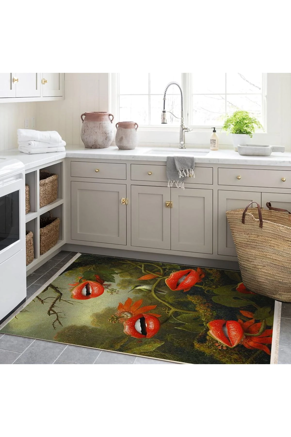 Yılmaz Koleksiyonu Yeşil ve Kırmızı Tonlar Dudak Çiçekleri ve Kuş Desenli Modern Dekoratif Halı 05