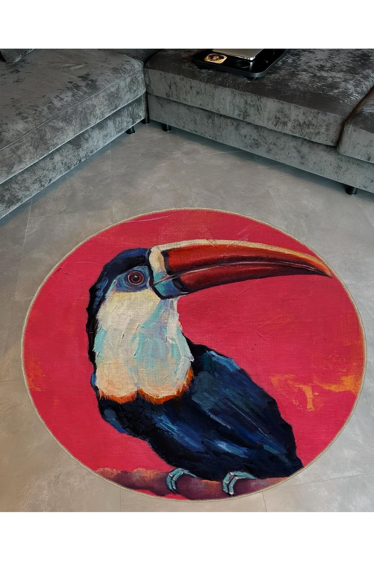 Animal Koleksiyonu Yuvarlak Papağan Desenli Dokuma Taban Yıkanabilir Halı animal11