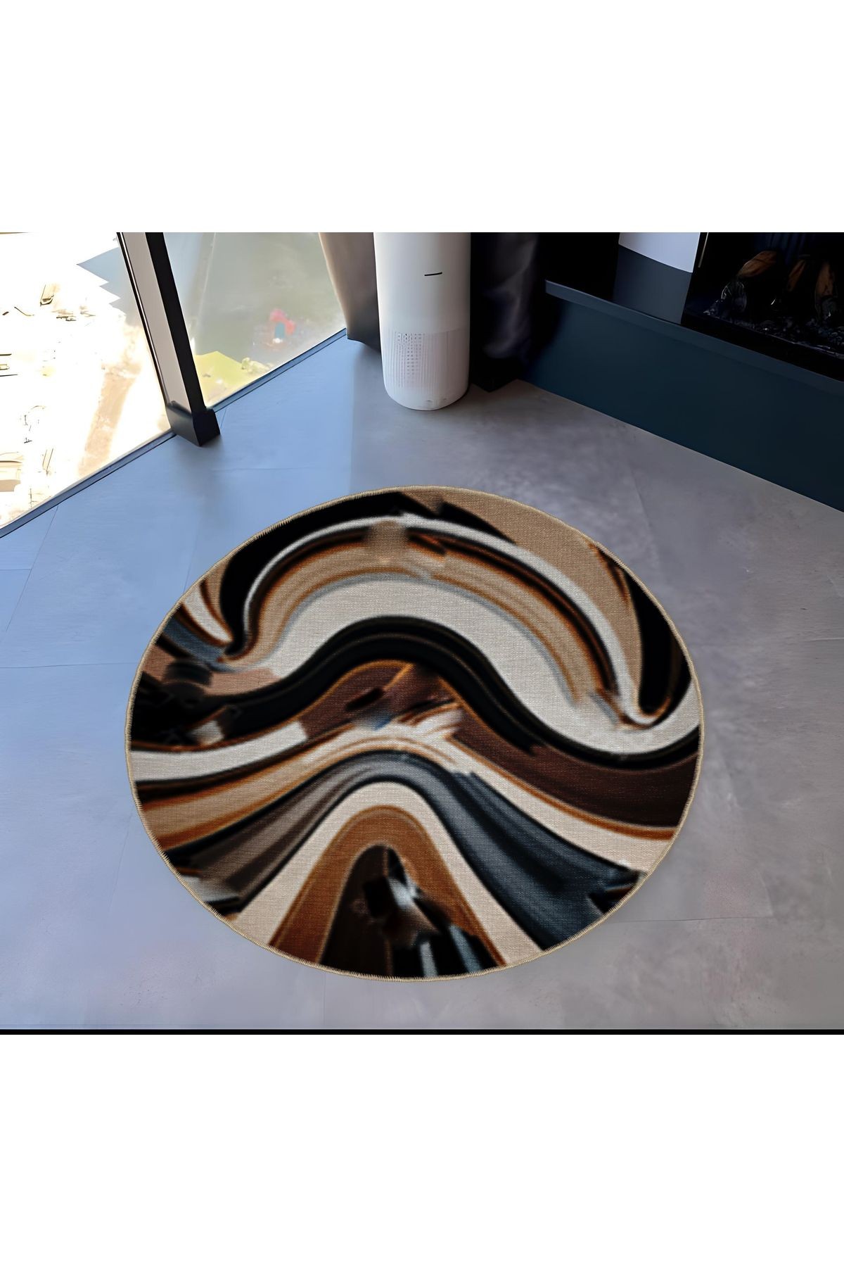 Koyu Ton Çok Renkli Karma Soyut Desenli Yuvarlak Dokuma Taban Modern Dekoratif Halı 6016