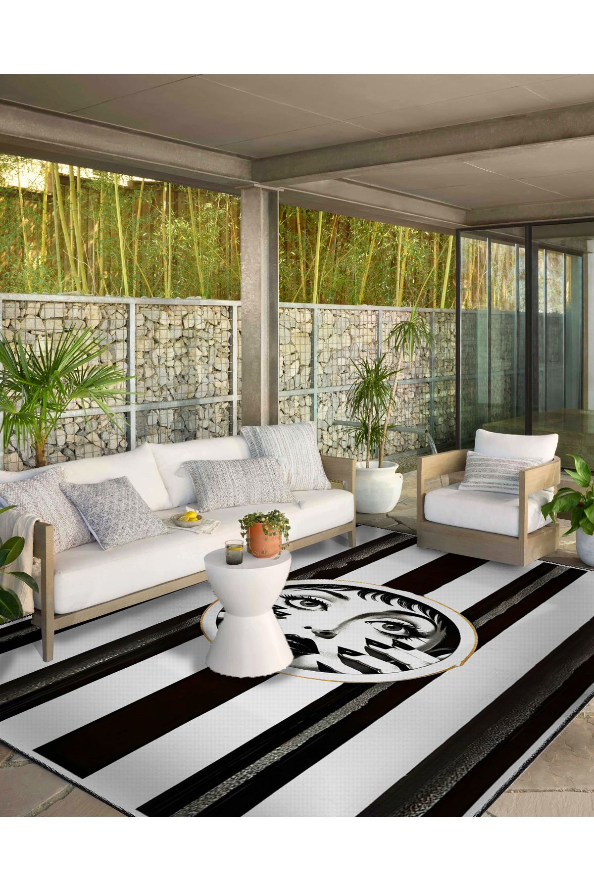 Siyah Beyaz Çizgi Temalı Modern Yüz Desenli Dokuma Taban Halı ve Yıkanabilir Halı miraface01