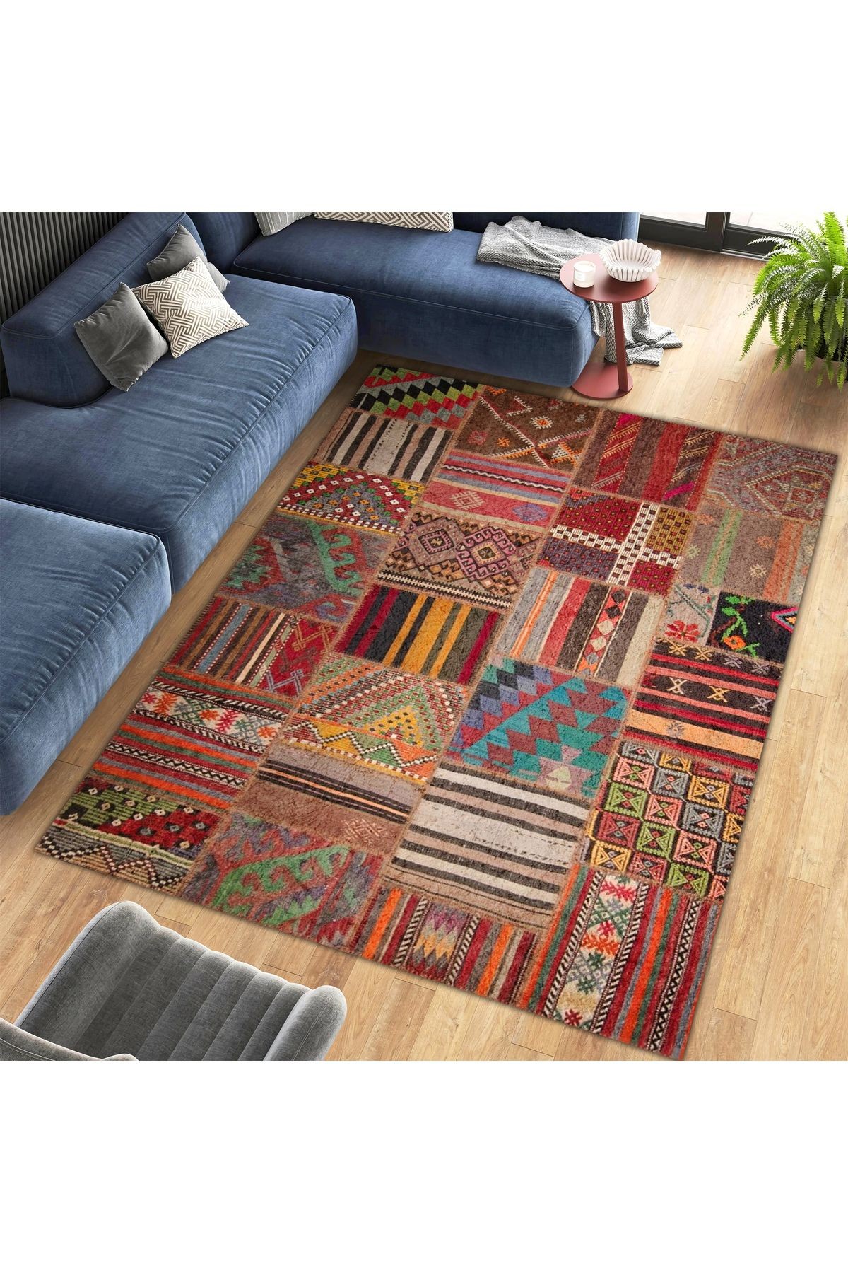 Aysu Koleksiyonu Çok Renkli Patchwork Görünümlü Dokuma Taban Modern Dekoratif Halı aysu14