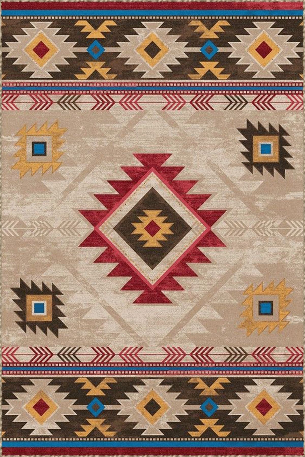 Çok Renkli Geleneksel Motif Etnik Desenli Vintage Dekoratif Halı 3531