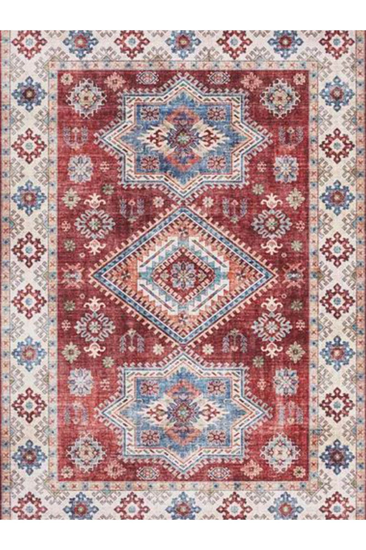 Atlas Koleksiyonu Bej Kırmızı Temalı Etnik Motfiler Desenli Vintage Dekoratif Halı 03