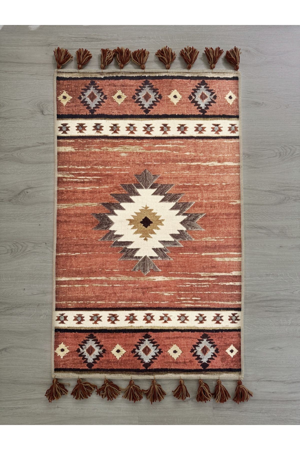 Kiremit Renkli Antik Tasarım Serisi Desenli Vintage Dekoratif Halı 01