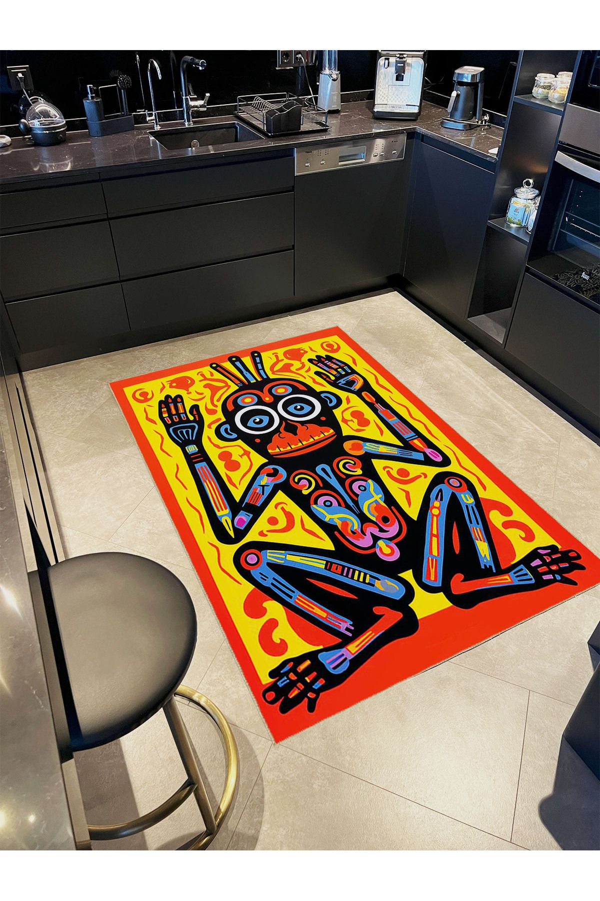 Emre Koleksiyonu Çok Renkli Soyut Çizgi Detaylı Maymun Desenli Dokuma Taban Modern Dekoratif Halı 36