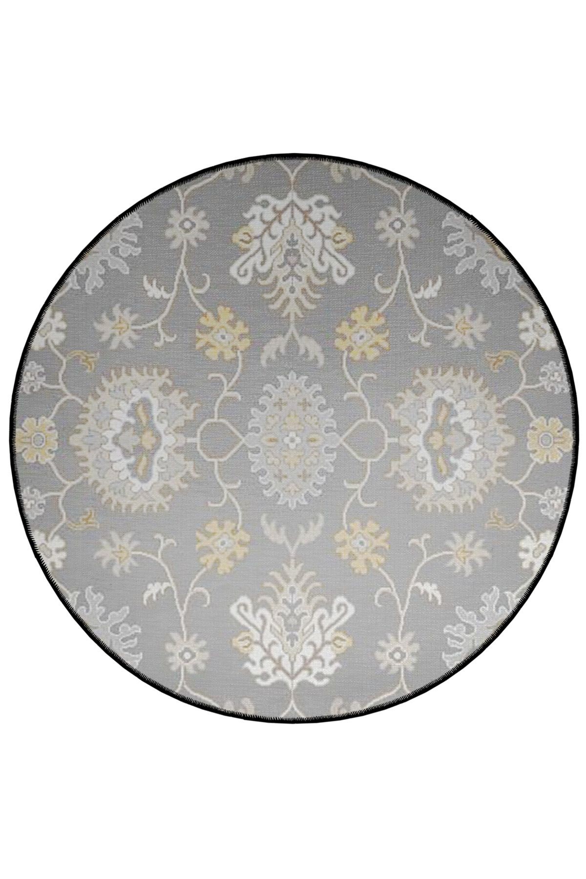 Gri Temalı Motifli Çiçek Desenli Yuvarlak Dokuma Taban Vintage Dekoratif Halı 6125