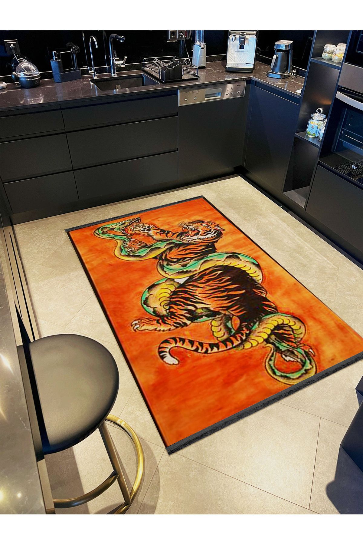 İnci Koleksiyonu Turuncu Tema Kaplan ve Yılan Desenli Dokuma Taban Modern Dekoratif Halı inci22