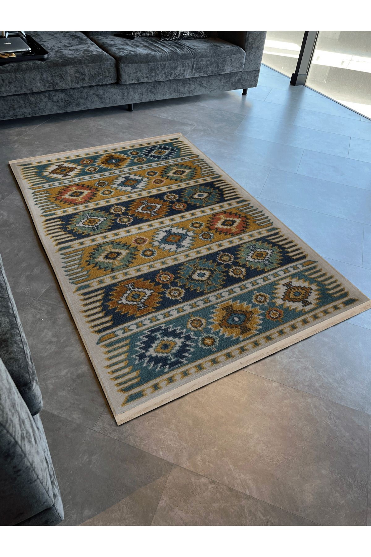 Açık Ton Çok Renkli Geometrik Motif Desenli Kreatif Vintage Dekoratif Halı 2756