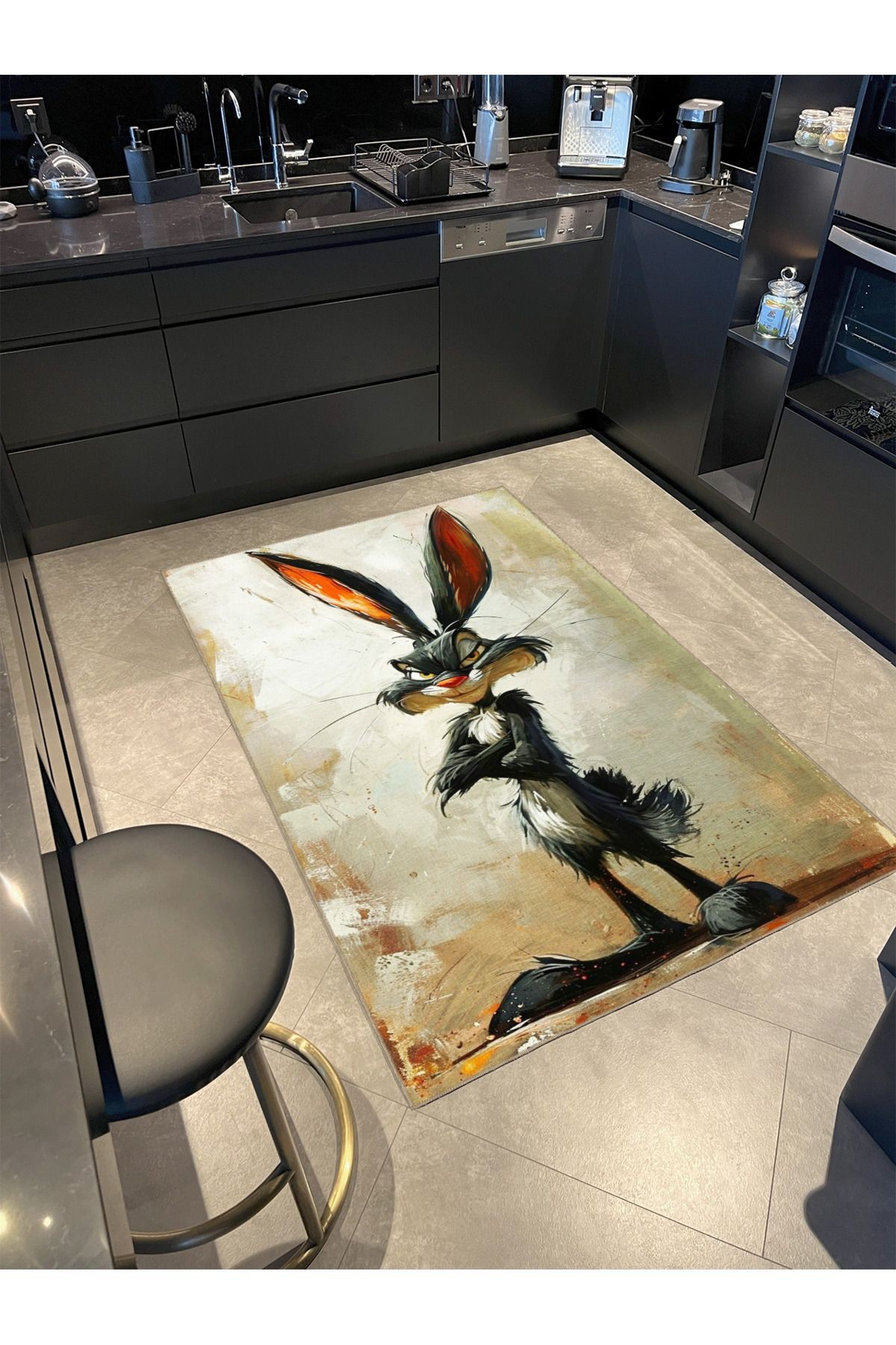 Gri Bej Temalı Sürrealist Tasarım Bugs Bunny Tavşan Desenli Modern Dekoratif Halı 3469