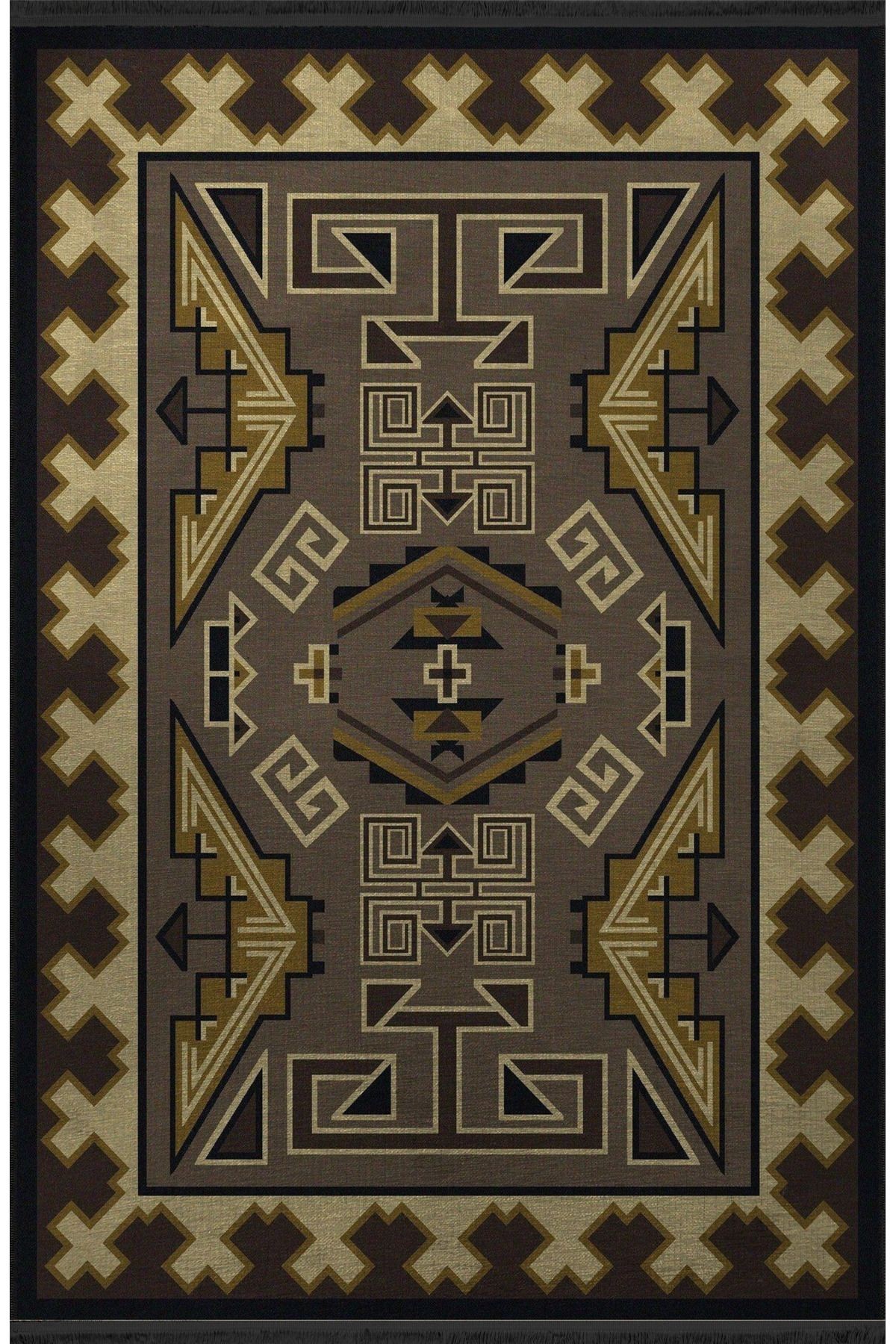 Gri Kahve Temalı Geleneksel Motif Etnik Desenli Saçaklı Vintage Dekoratif Halı 3086
