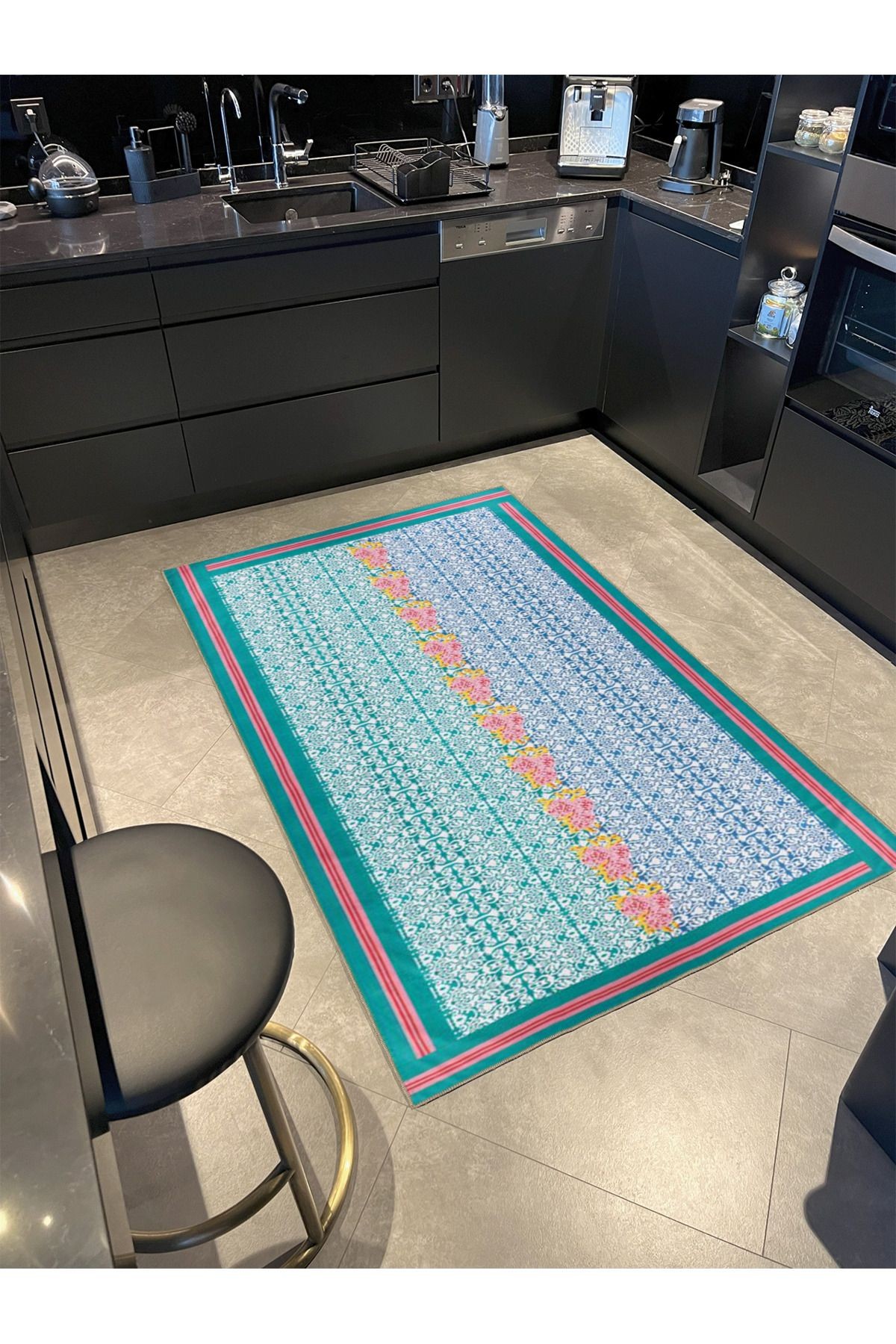 Dikine Mavi Çizgili Çiçek Motifli Desenli Yıkanabilir Dokuma Taban Halı miravip1061