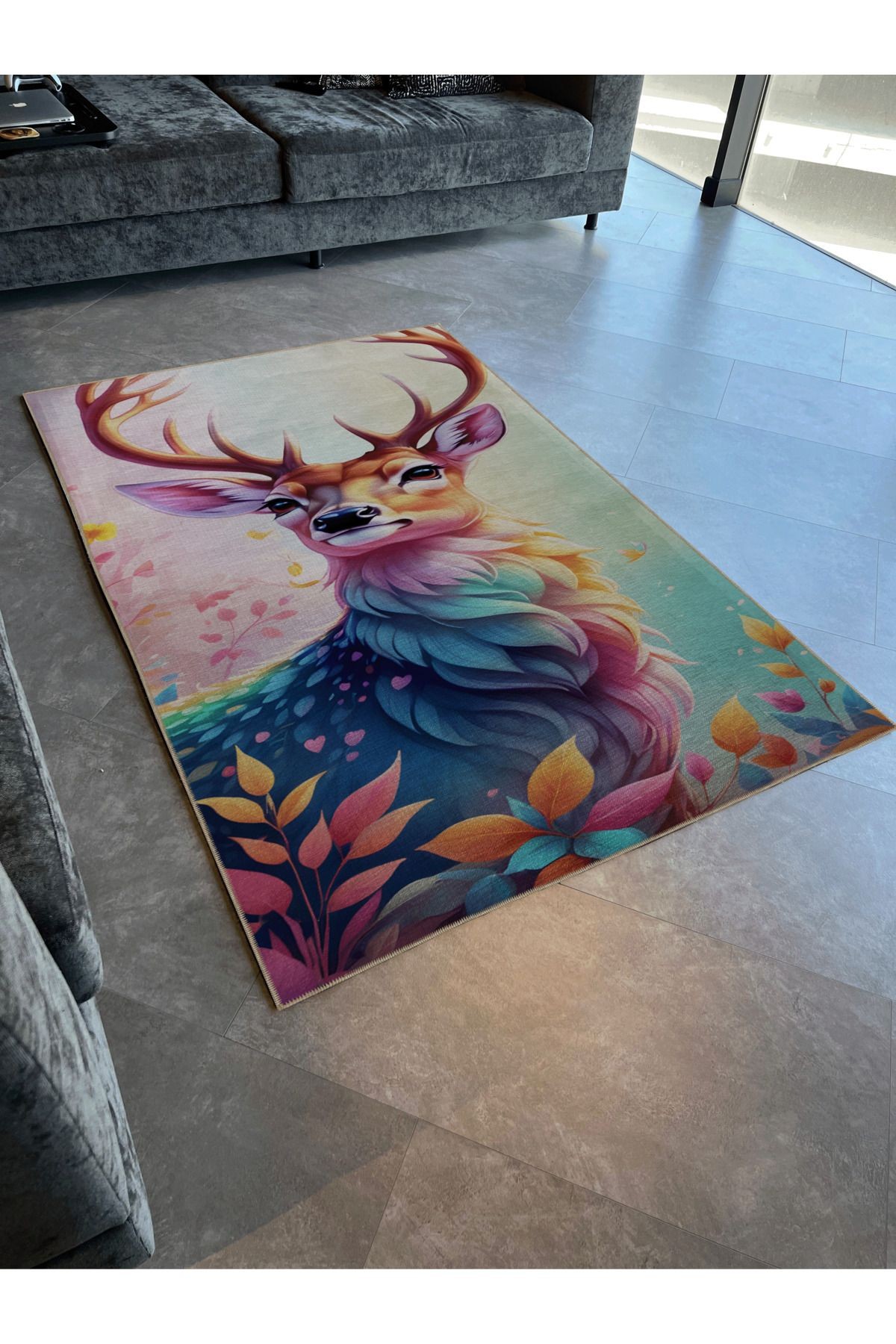 Çok Renkli Sürrealist Temalı Soyut Geyik Desenli Kreatif Modern Dekoratif Halı 2748