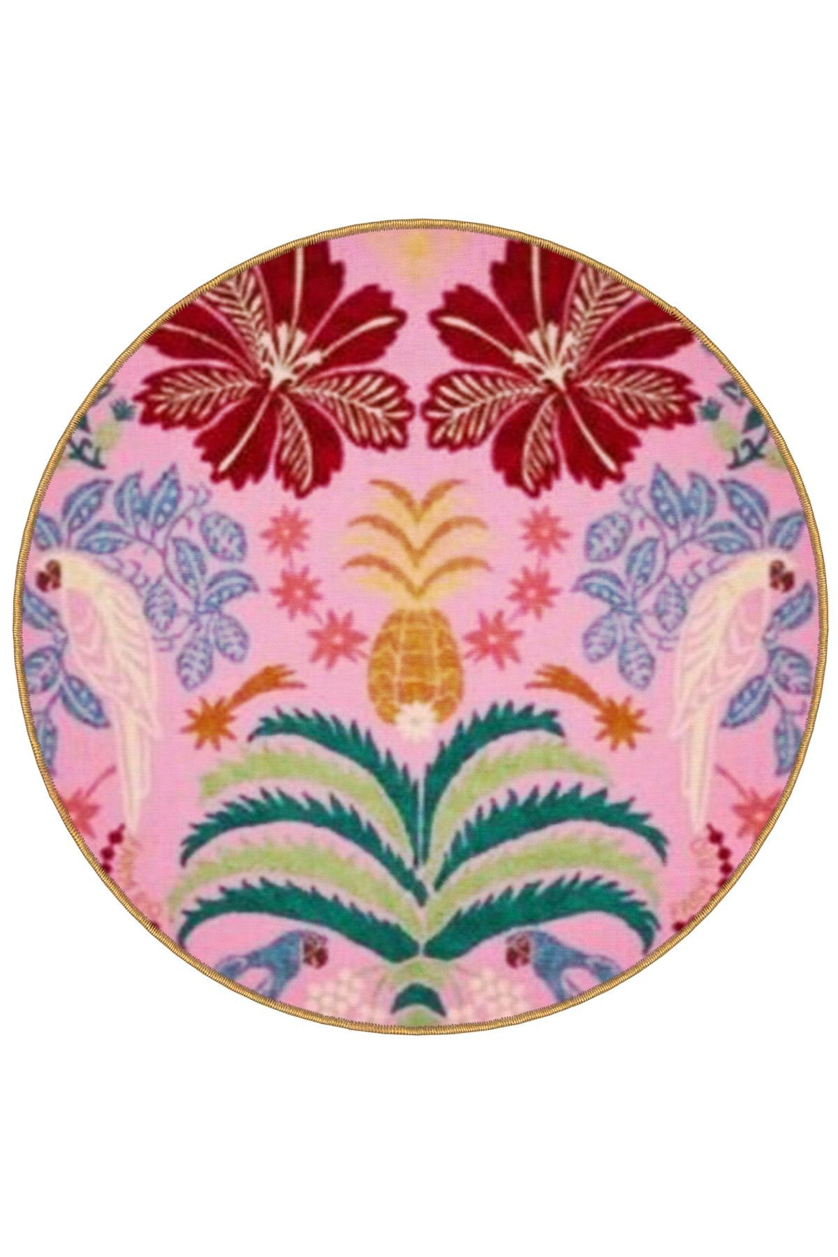 Pembe Temalı Karma Çiçek Desenli Yuvarlak Dokuma Taban Vintage Dekoratif Halı 6110