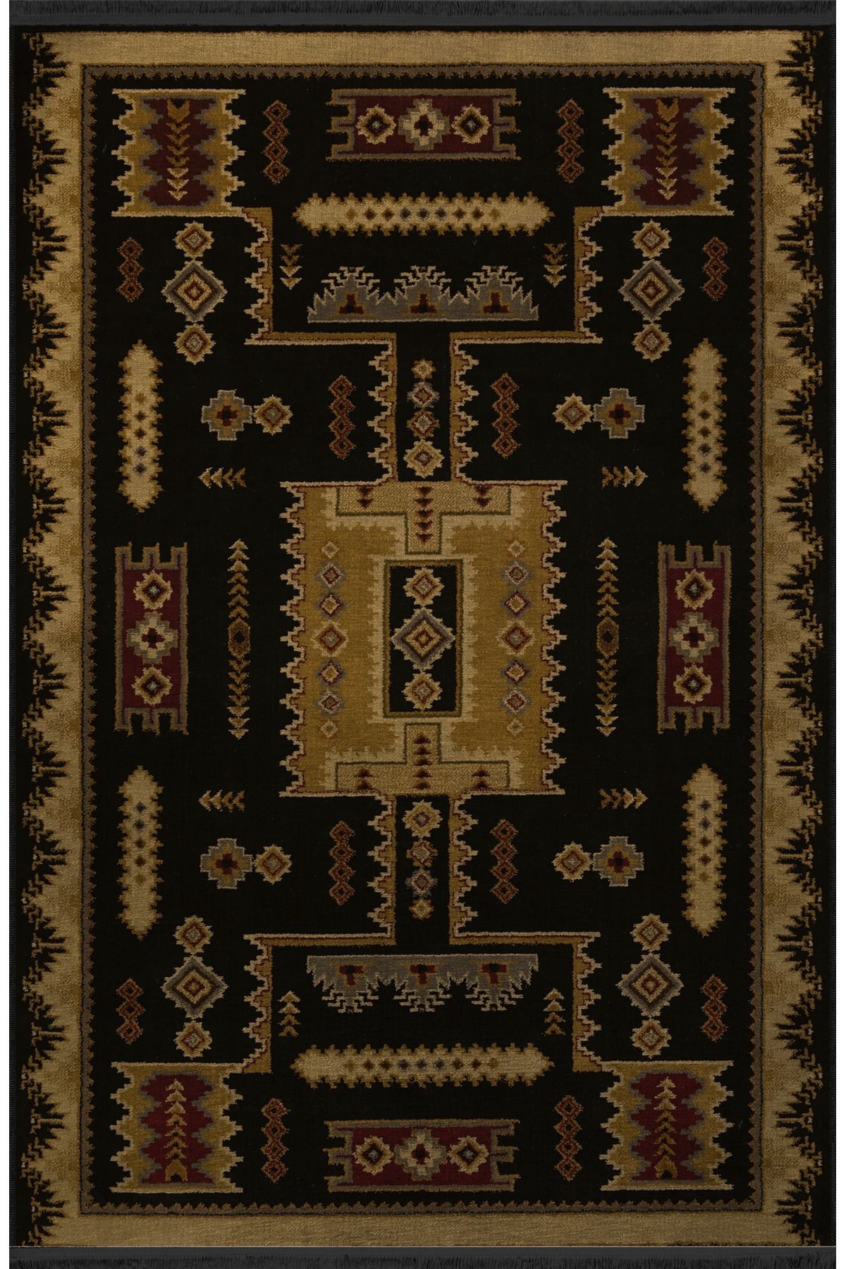 Bej Siyah Temalı Geleneksel Motif Etnik Desenli Saçaklı Vintage Dekoratif Halı 3075