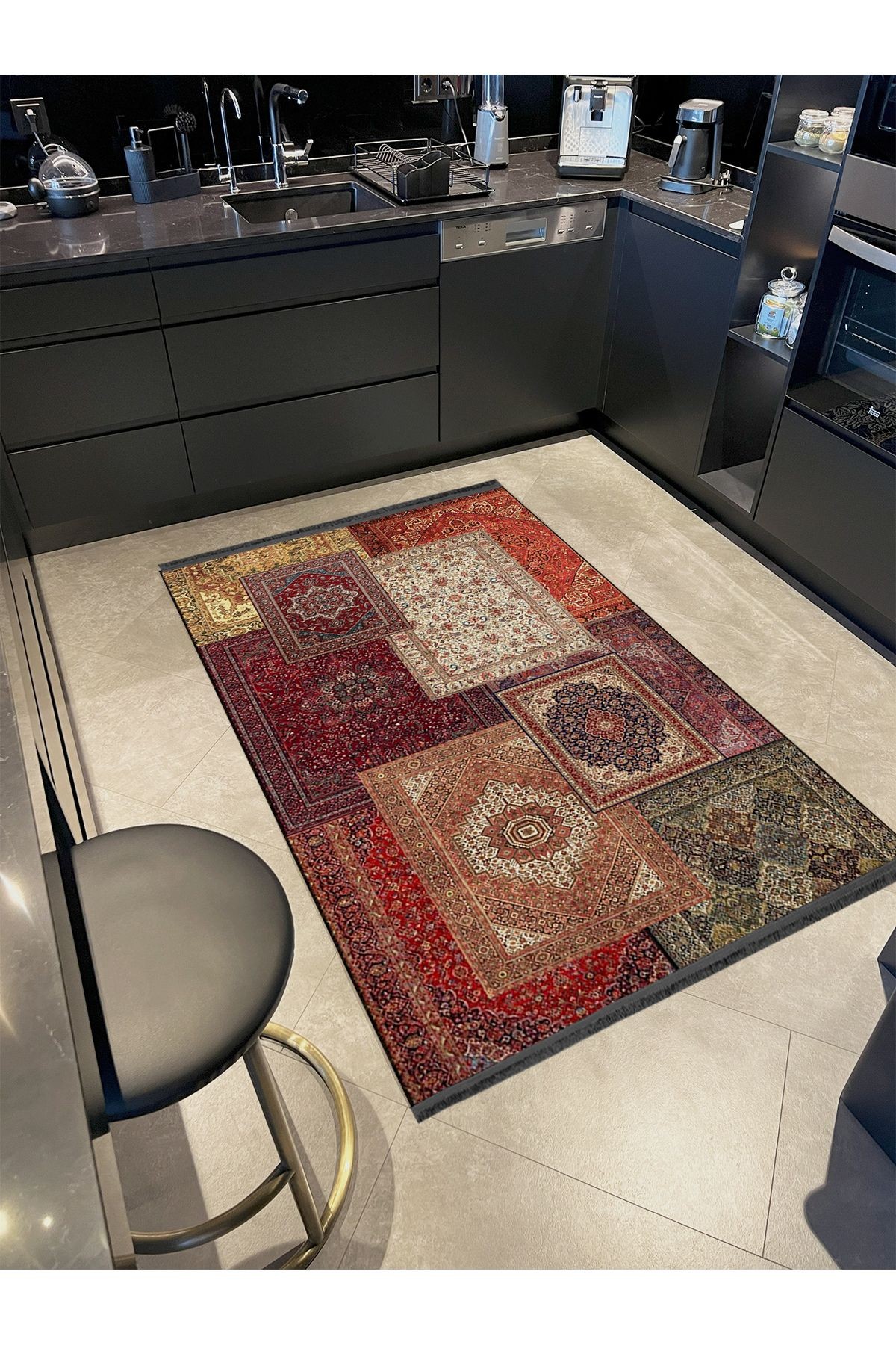 Kuvars Koleksiyonu Çok Renkli Vintage Motifler Desenli Dokuma Taban Etnik Dekoratif Halı kuvars26