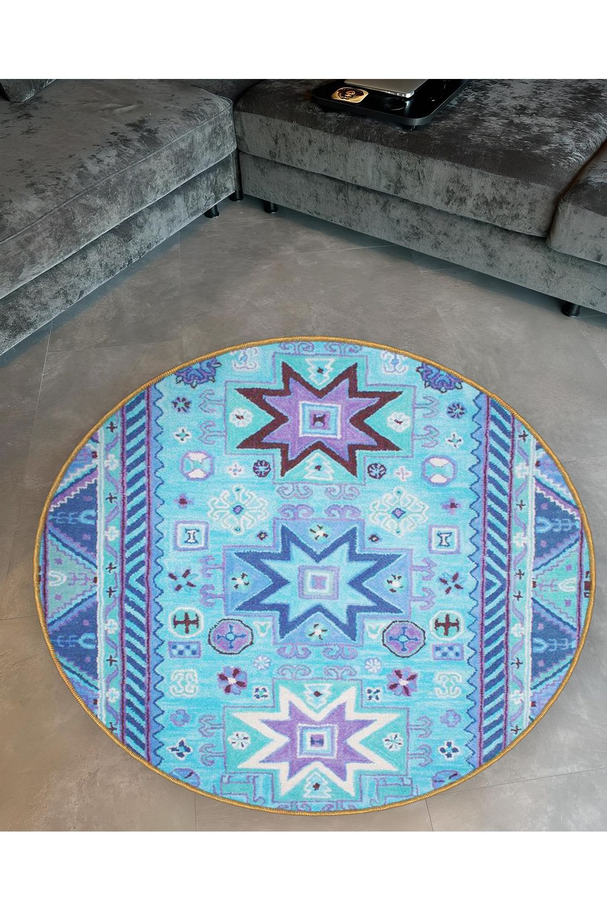 Mira Yuvarlak Turkuaz Mor Tonlarda Etnik Desen Detaylı Dokuma Taban Modern Dekoratif Halı 5607