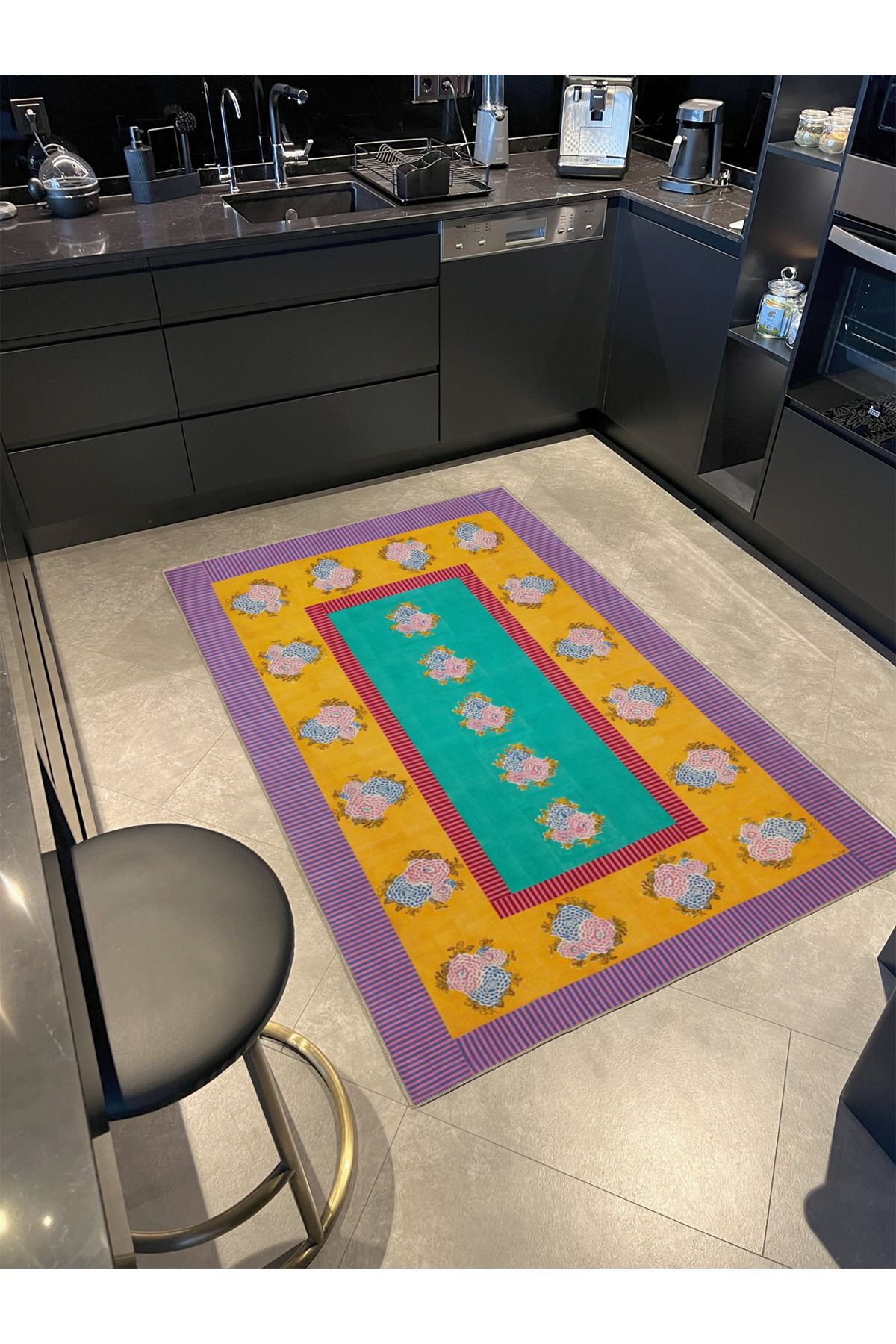 Mor Çizgili Çiçek Motifli Desenli Yıkanabilir Dokuma Taban Halı miravip1059