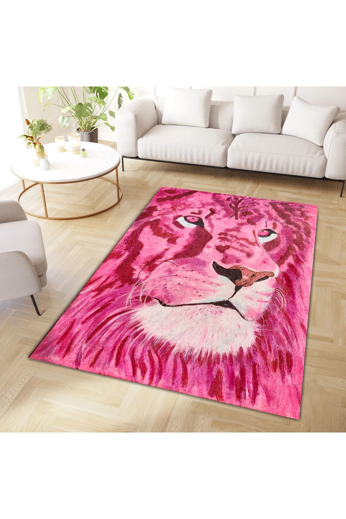Kuzey Koleksiyonu Pembe Aslan Desenli Dokuma Taban Dekoratif Halı kuzey17