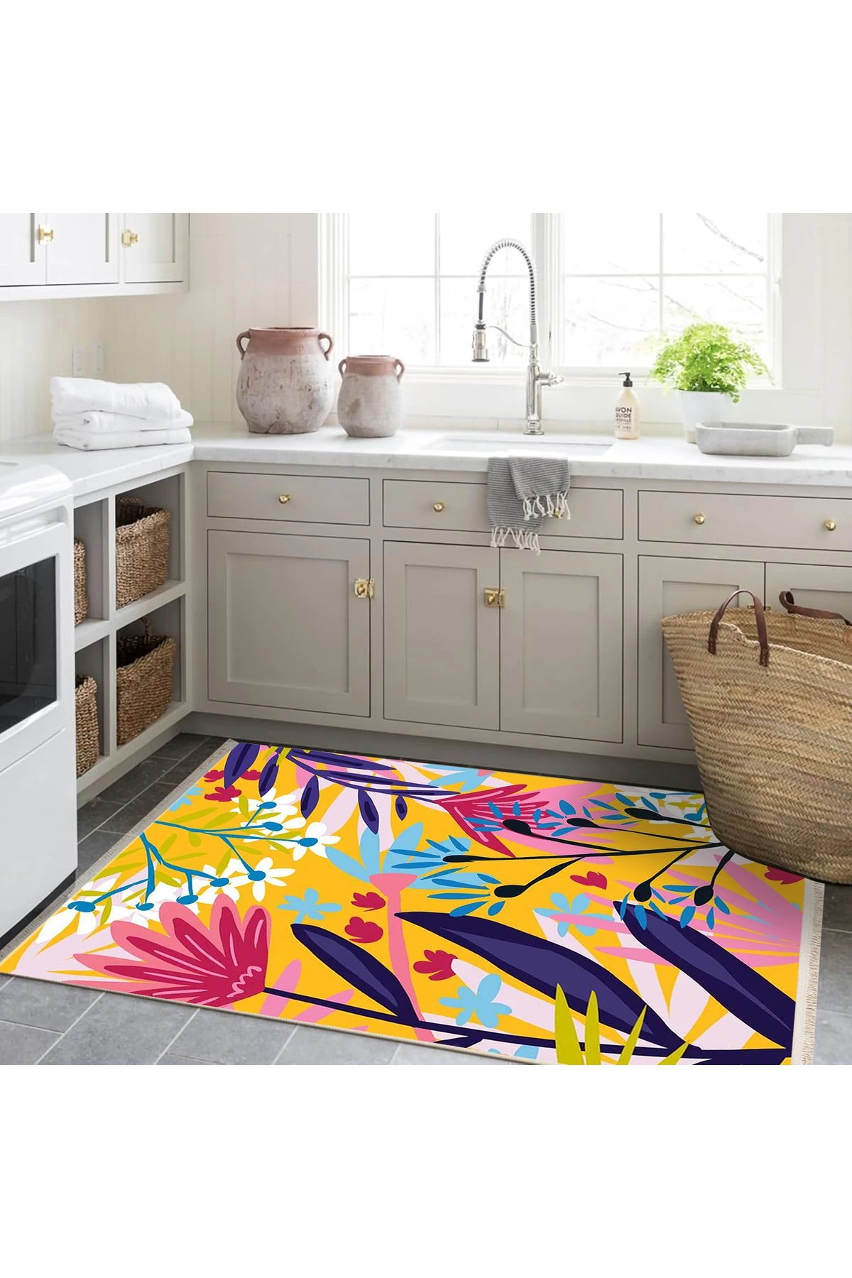 Özge Koleksiyonu Çok Renkli Çiçekler ve Yapraklar Desenli Modern Dekoratif Halı özge07