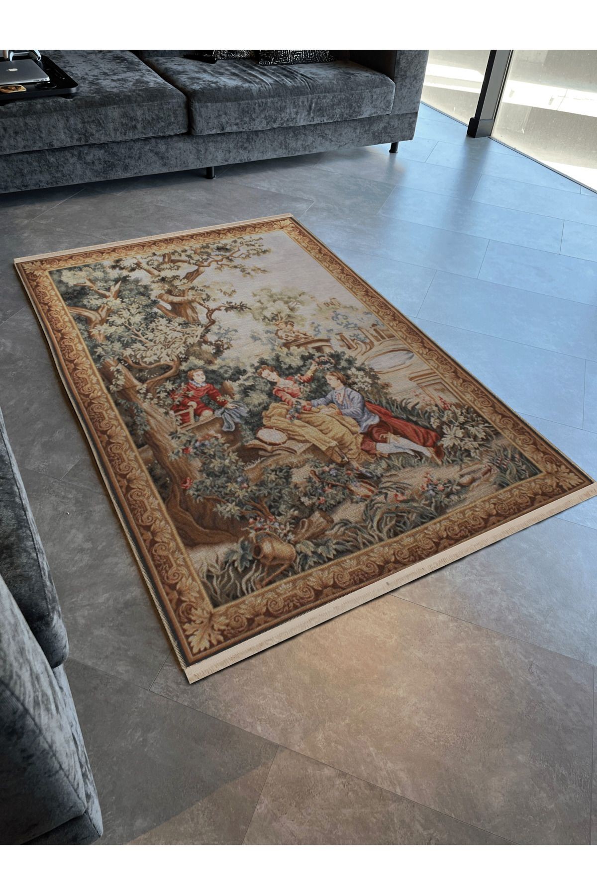 Çok Renkli Goblen Tasarım Ağaç ve İnsan Desenli Kreatif Vintage Dekoratif Halı 2888