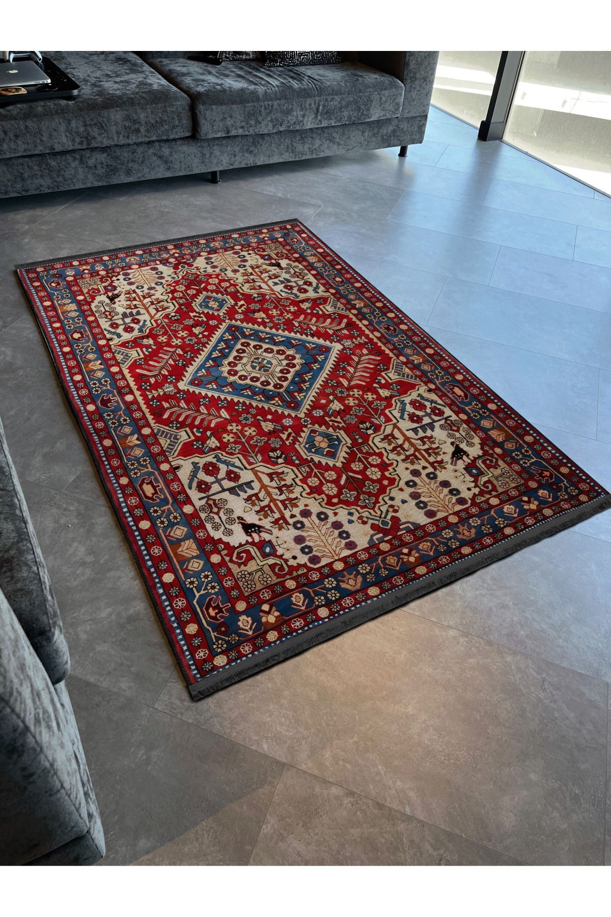 Bordo Temalı Çok Renkli Geleneksel Motif Etnik Desenli Vintage Dekoratif Halı 2573